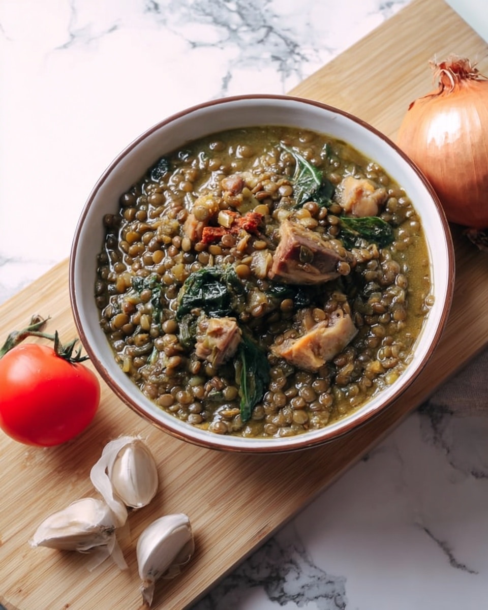 A white plate sits on a white marbled surface with two layers of food. The bottom layer is a bed of soft, white rice, with a slightly sticky texture. On top, there is a mix of cooked green lentils, wilted dark green spinach leaves, and small pieces of light brown cooked meat scattered throughout. There are also bits of orange-red vegetables mixed in, adding a hint of color. The lentils and spinach have a moist, slightly oily look, while the meat pieces are tender and glossy. Photo taken with an iphone --ar 4:5 --v 7