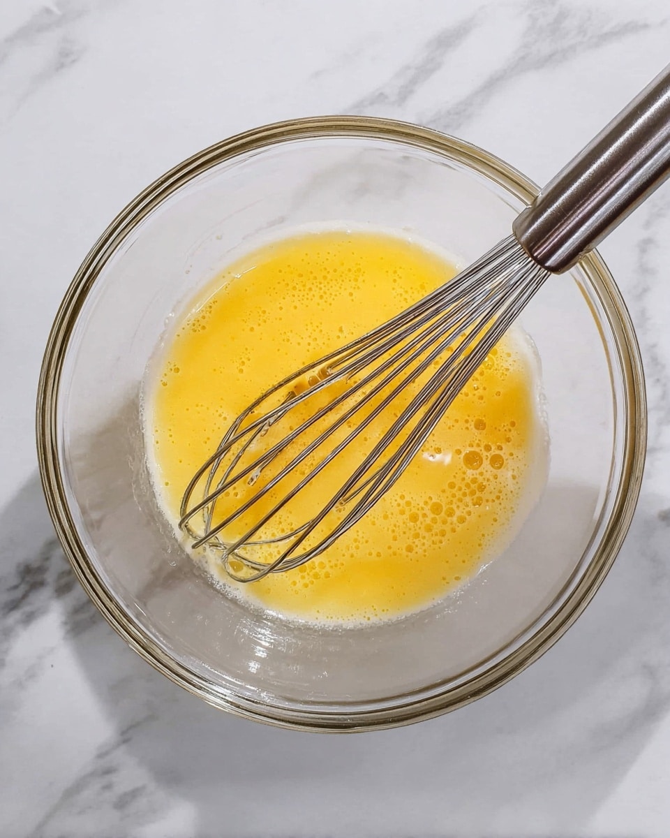 A clear glass bowl sits on a white marbled surface, containing a single layer of lightly beaten yellow liquid eggs with small bubbles. Resting inside the bowl is a silver metal whisk with a long handle, positioned diagonally from the bottom left to the top right of the frame. The surrounding area is smooth and clean, highlighting the bright yellow and shiny metal against the soft white background. photo taken with an iphone --ar 4:5 --v 7