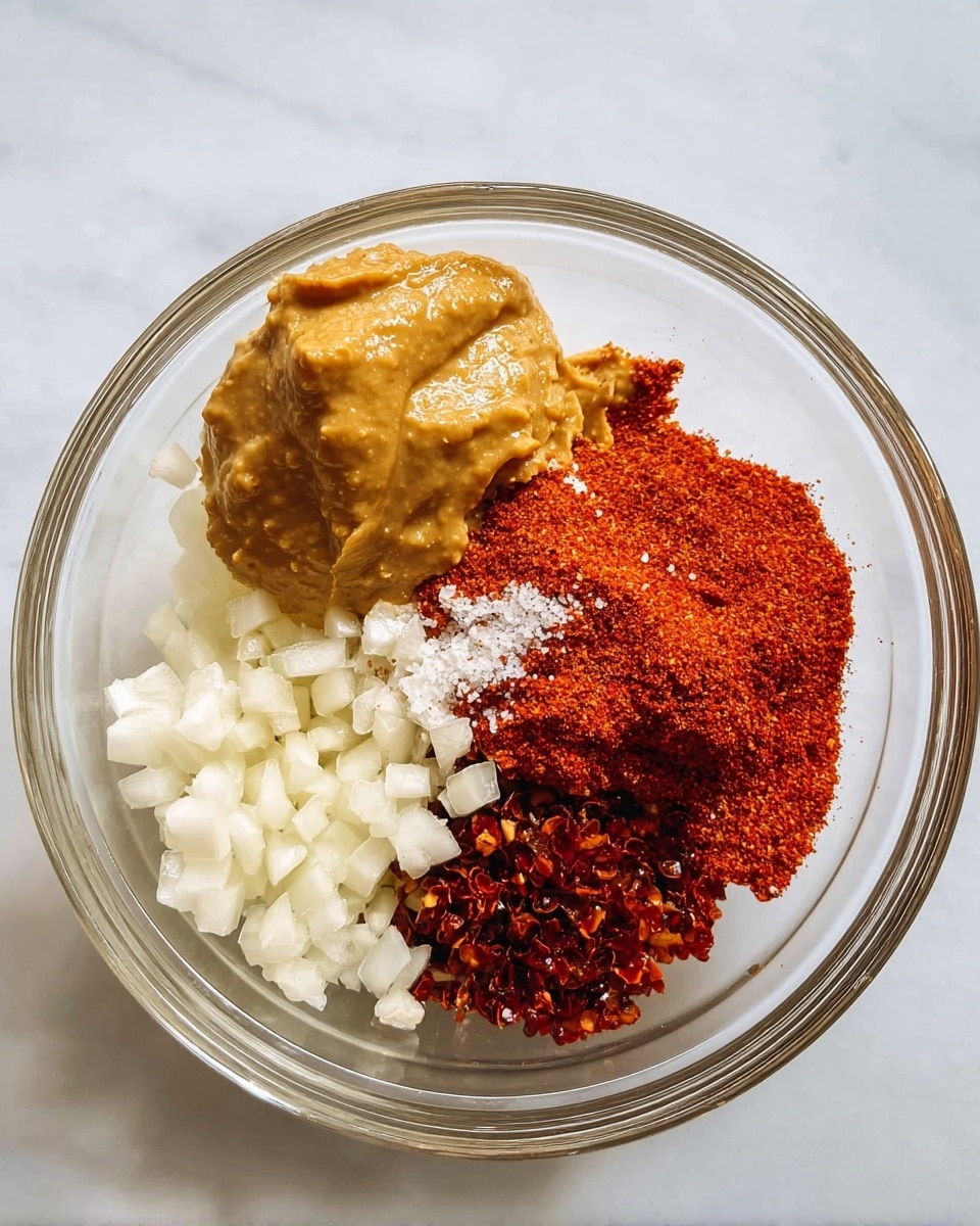 A clear glass bowl is placed on a white marbled surface. Inside the bowl, there are four different ingredients arranged in separate sections, not mixed together. On the top left, there are small chopped white onions with a translucent look. To the right of the onions, there is a pile of bright red chili powder with a fine, powdery texture. Below the chili powder, there is a clump of red chili flakes showing some small seeds and rough texture. On the bottom left, there is a smooth dollop of brownish mustard paste with a creamy texture. All the ingredients contrast well with the clear glass bowl and white marbled background. photo taken with an iphone --ar 4:5 --v 7