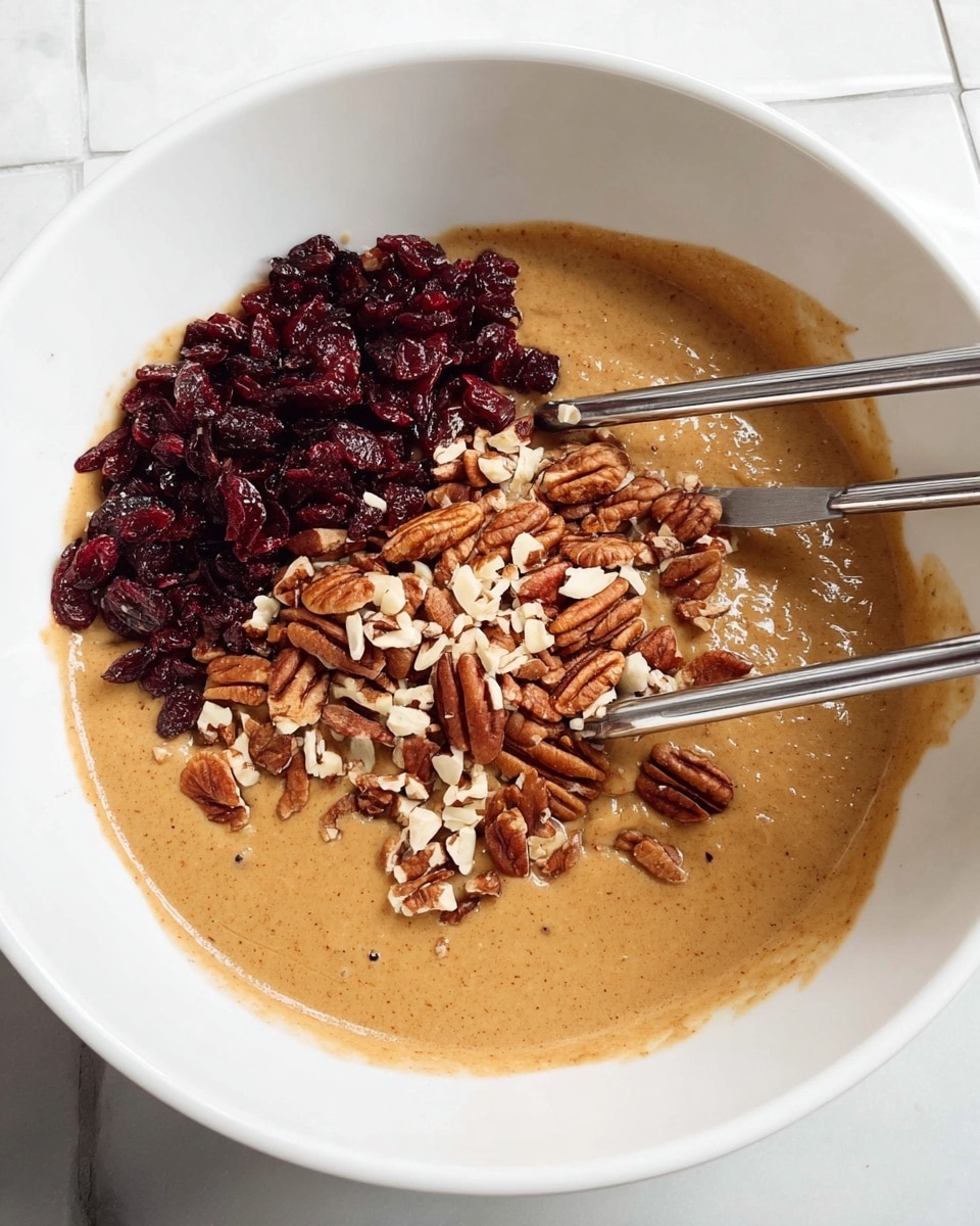 A white bowl filled with a smooth, light brown batter that takes up most of the space inside. On top of the batter, there are two distinct layers: a pile of dark red dried cranberries on the upper part and a group of chopped light brown pecans mixed with a bit of white nut pieces on the lower part. Two silver beaters are partially submerged in the batter, resting diagonally on the right side of the bowl. The bowl is placed on a white marbled surface, and a white tiled wall is visible in the background. Photo taken with an iphone --ar 4:5 --v 7