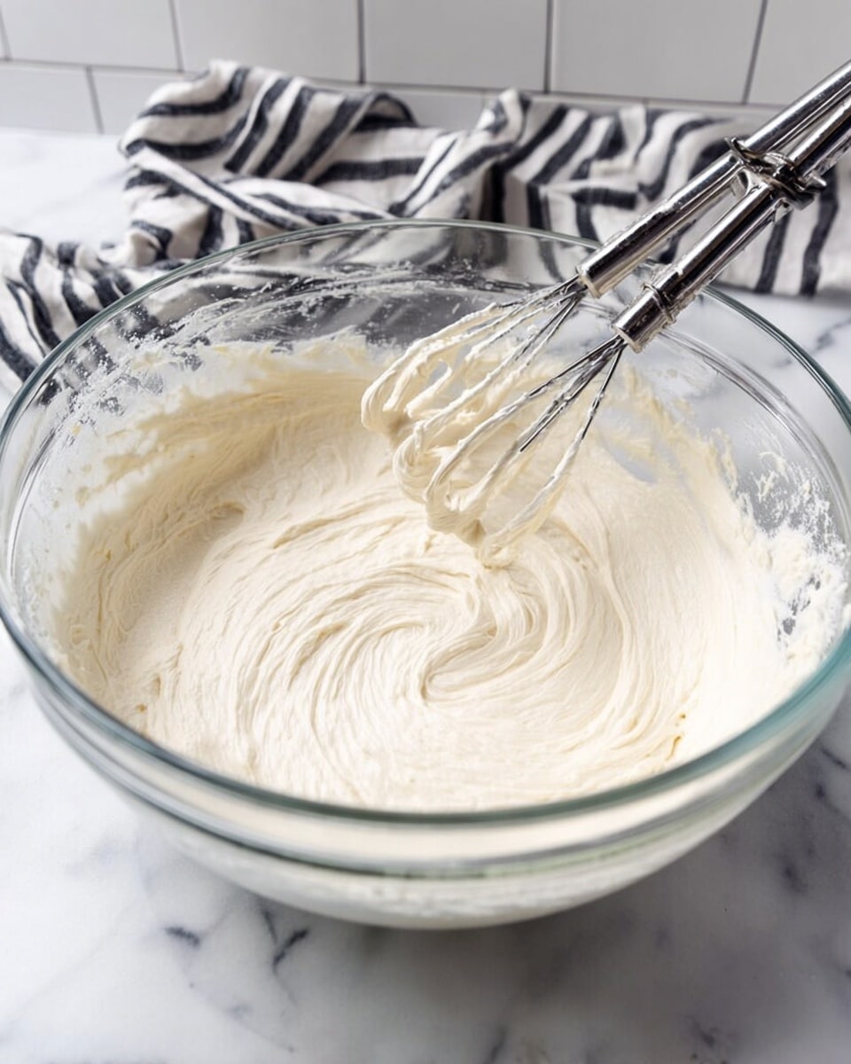 A clear glass bowl containing one smooth, thick layer of creamy, pale off-white batter or frosting being mixed by two metal electric beaters resting inside. The bowl sits on a white marbled surface with a folded black and white striped cloth in the background, and white tiled wall behind. The batter shows soft swirls and peaks from mixing, with a few small flour or powder bits visible on edges. Photo taken with an iphone --ar 4:5 --v 7