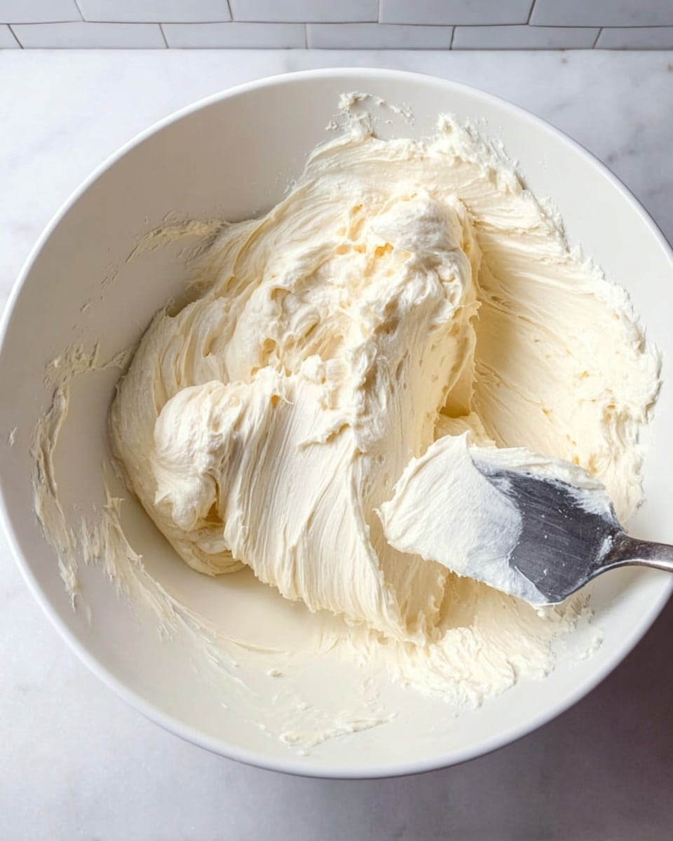 A white bowl filled with thick, creamy white frosting that looks smooth and fluffy with some peaks and texture from mixing. A dark spatula is partially dipped in the frosting on the right side, with some frosting clinging to it. The inside of the bowl has streaks of the frosting, showing it was recently mixed. The background is a white marbled surface, and a white tiled wall is faintly seen behind. Photo taken with an iphone --ar 4:5 --v 7