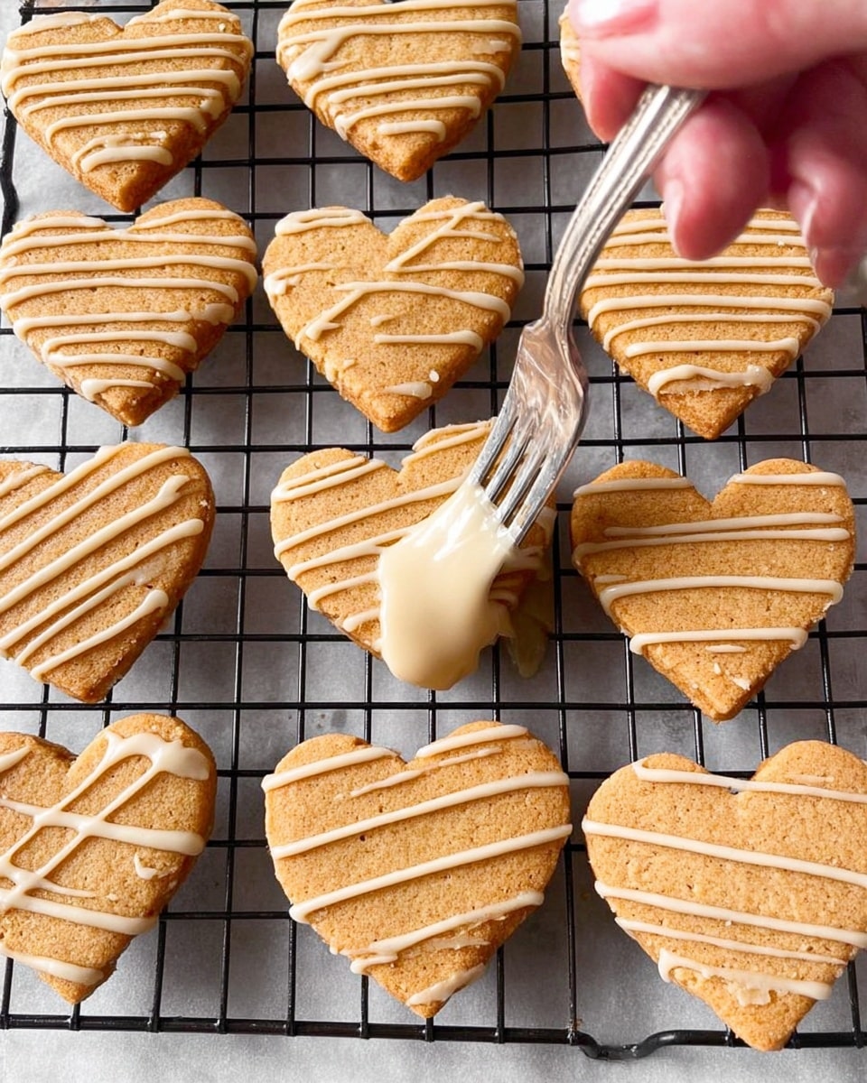 A white marbled surface holds a black cooling rack filled with golden brown heart-shaped cookies, each showing a slightly rough texture. Most cookies are drizzled with light beige icing in thin lines that cross over the hearts in different patterns. In the front right, a woman's hand holds a silver fork applying the same beige icing onto a cookie, with the drizzle looking smooth and shiny, a little drip falling onto the rack below. Some cookies have heavier icing coverage, while others show more of the cookie itself. Photo taken with an iphone --ar 4:5 --v 7