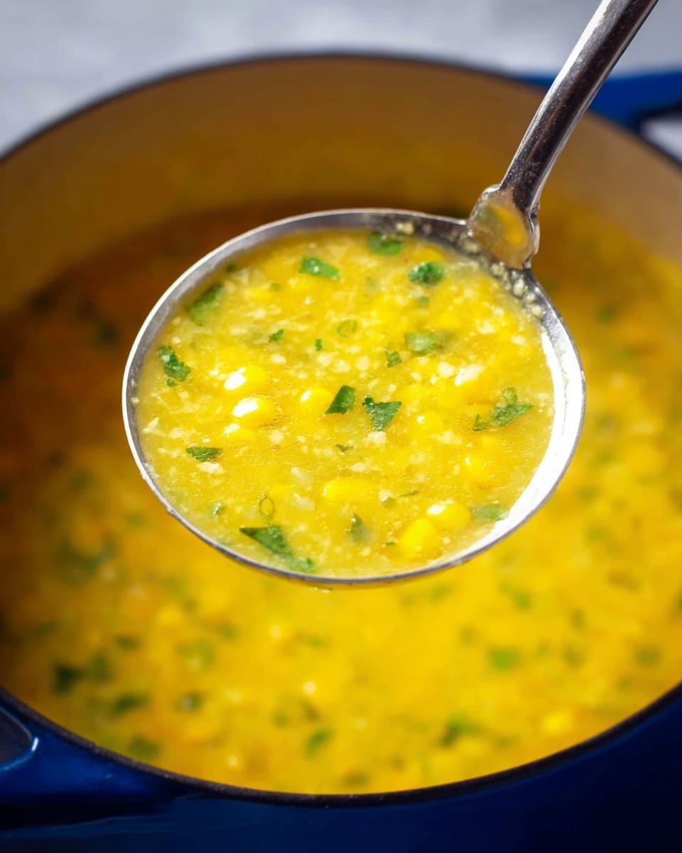 A close-up view of a shiny metal ladle holding thick yellow soup with small green herb pieces and bits of corn, showing a smooth and slightly chunky texture. The soup fills the ladle fully and appears warm, with steam rising subtly. The ladle is held over a deep blue pot filled with the same yellow soup, set against a white marbled surface in the background. photo taken with an iphone --ar 4:5 --v 7