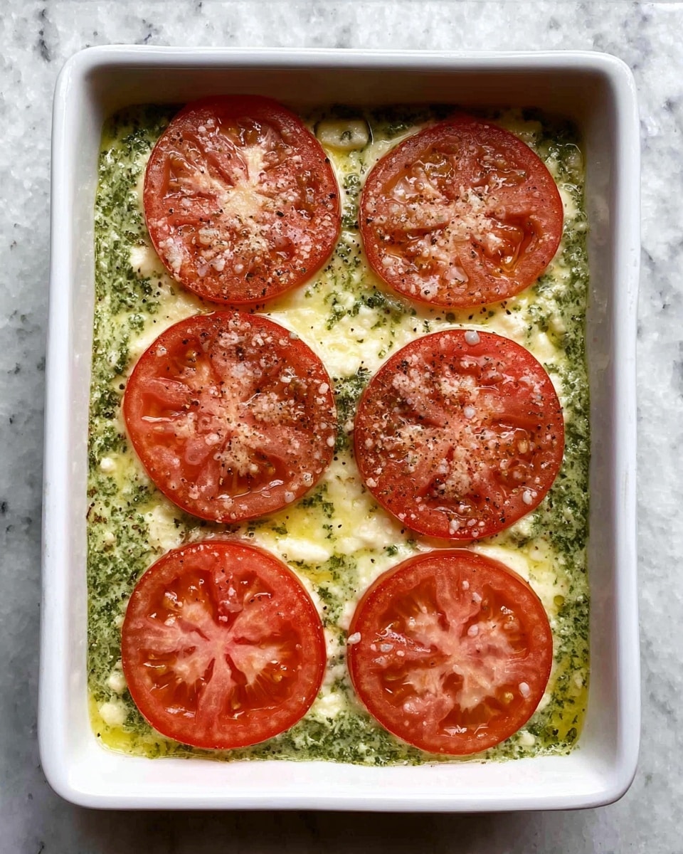 A square piece of yellow vegetable frittata with green herbs mixed throughout is placed in the center of a white plate; on top of the frittata sits a large round slice of red tomato sprinkled with black pepper. A silver fork lies to the left side of the plate, which rests on a light blue cloth and a white marbled surface. Some green vegetables and a round green vegetable slice are partially visible around the plate. photo taken with an iphone --ar 4:5 --v 7