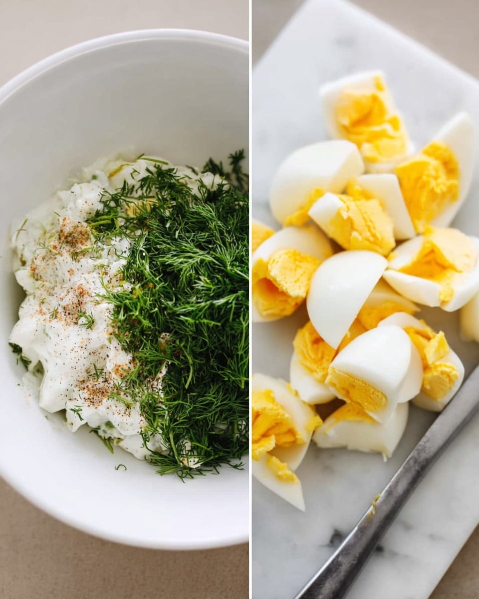 The image is split into two parts: on the left, there is a white bowl filled with several ingredients layered in a mix. The bottom layer is white and creamy, likely mayonnaise or sour cream, topped with a fresh green layer of chopped dill, and sprinkled with black pepper and a hint of salt. On the right side of the image, there are chopped boiled eggs placed on a white marbled surface, with pieces showing a bright yellow yolk inside a white, firm outer layer. A metal utensil lies next to the eggs, partially visible. The overall scene has a clean, bright setting. photo taken with an iphone --ar 4:5 --v 7