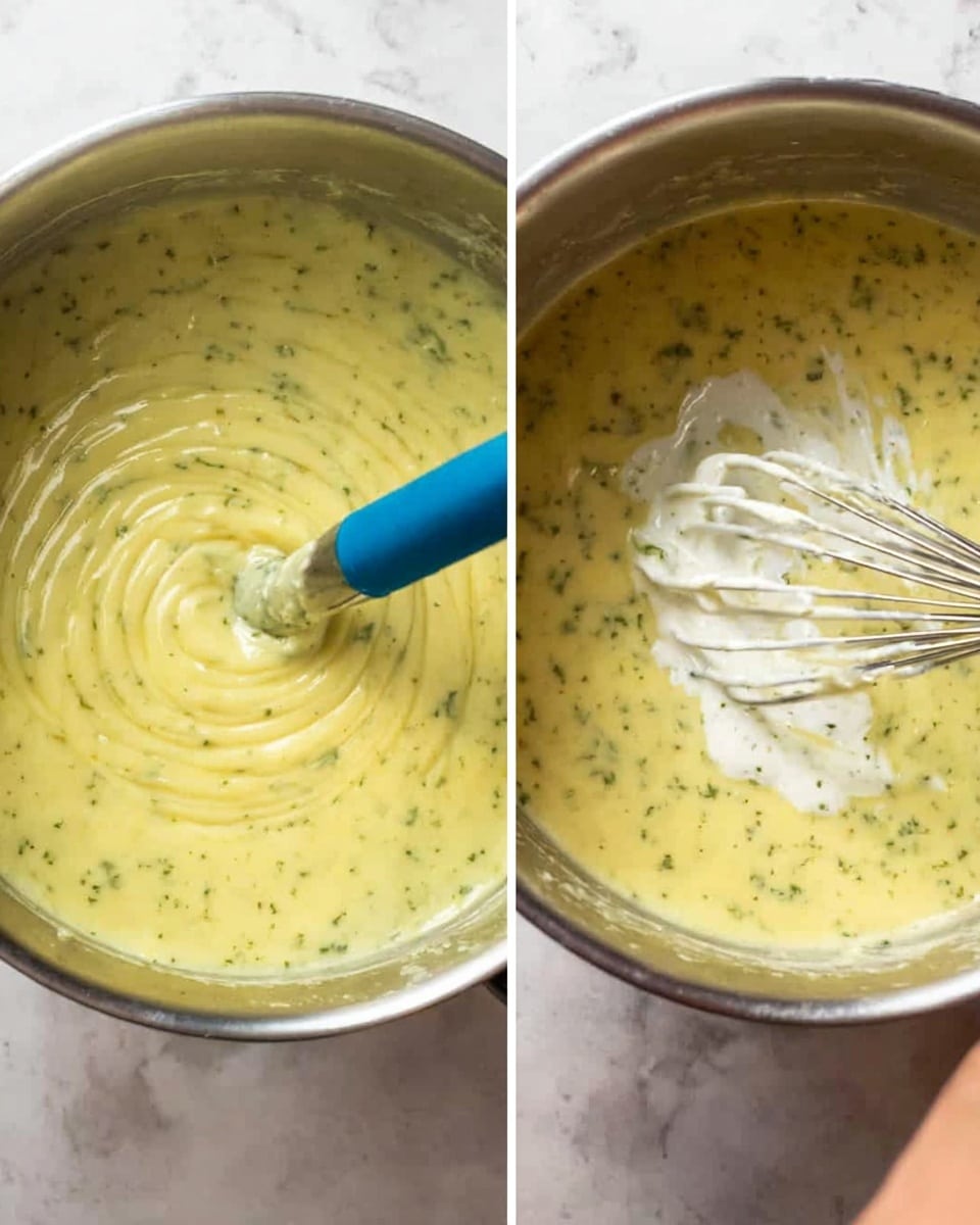 The image shows two side-by-side photos of a creamy yellow sauce with green herbs being mixed in a metal pot. On the left, a woman's hand is holding a blue-handled stick blender blending the sauce, creating smooth swirling patterns on top. On the right, a metal whisk held by a woman's hand mixes the sauce, showing some thicker white cream being folded into the herb-speckled yellow mixture. The sauce has a soft, smooth texture with visible small green herbs throughout. The background surface is a white marbled texture. Photo taken with an iphone --ar 4:5 --v 7