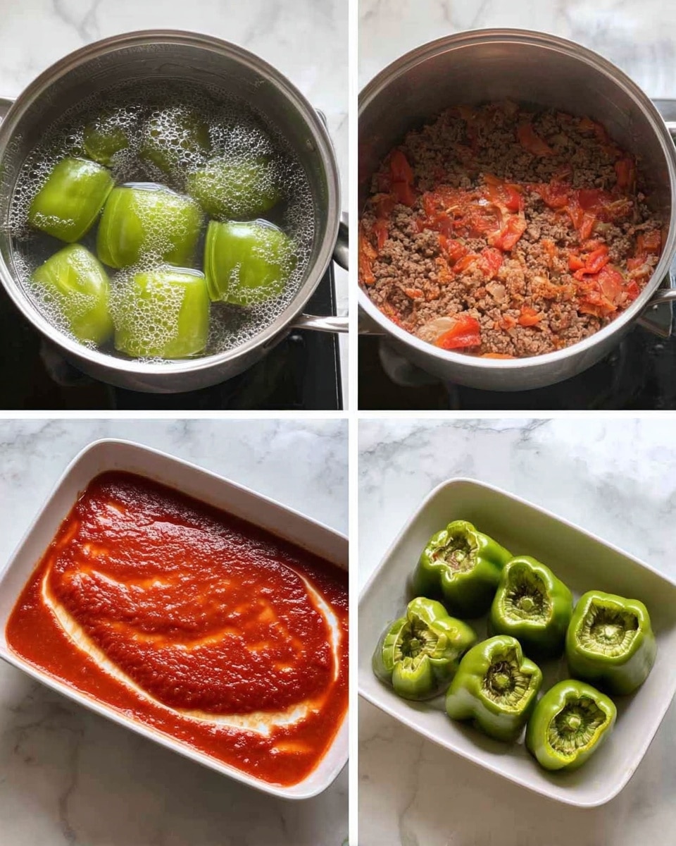 The image shows four stages of cooking stuffed green bell peppers. The first part has a silver pot with green bell pepper tops floating in boiling water with some bubbles. The second part shows a silver pot with cooked ground meat mixed with pieces of red bell pepper, with a lifted lid. The third part is a white rectangular dish with a spread of thick, smooth red tomato sauce covering the base with slight white streaks. The fourth part shows the same white dish filled with hollow green bell pepper tops placed neatly next to each other on the red sauce. The dish sits on a white marbled surface. photo taken with an iphone --ar 4:5 --v 7