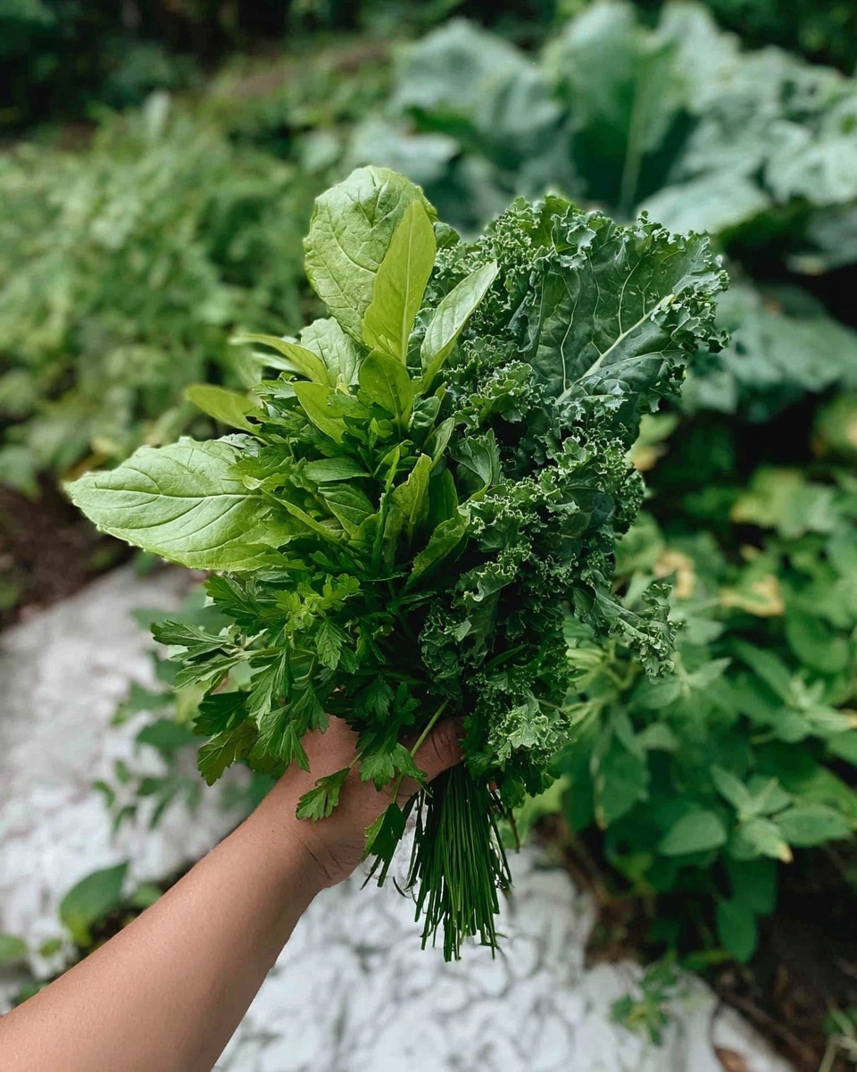 A woman's hand is holding a fresh bunch of mixed green herbs. The bunch has with several layers of different leafy herbs including curly kale, basil with smooth bright green leaves, flat parsley, chives, and mint, all showing various shades of green from light to dark. The leaves have varied textures, with some curly, some smooth, and some slender, arranged closely together and fanning out. The background is a blurred garden with other green plants and white marbled texture mimicking the ground. photo taken with an iphone --ar 4:5 --v 7