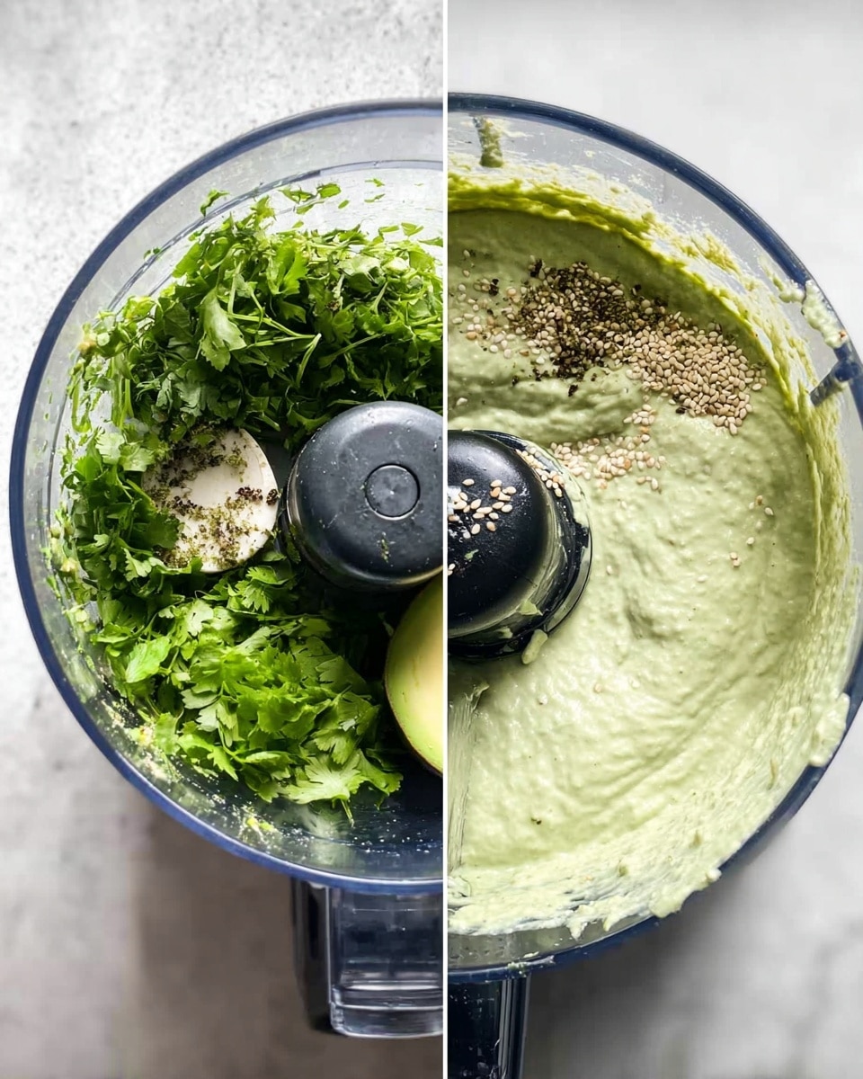 The first image shows a clear food processor bowl filled with several green fresh herbs like parsley and cilantro sitting on a white marbled surface. There is a sesame seed dressing or sauce being poured in, and you can see half an avocado and some coarse ground pepper inside. The second image shows the same food processor bowl now filled with a smooth, creamy, pale green sauce or dressing that fully covers the blade and sides a little. The texture looks thick and well blended. photo taken with an iphone --ar 4:5 --v 7