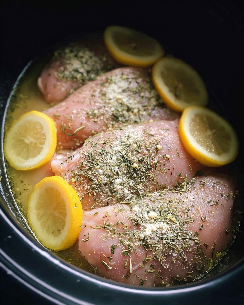 The image shows three raw chicken pieces arranged closely inside a black pot. The chicken is topped with green dried herbs and a light sprinkle of pale seasoning powder. Around the edges of the chicken, there are four yellow lemon wedges placed strategically. The chicken pieces sit in a shallow, light yellow liquid that slightly glistens, making the entire mix look fresh and ready for cooking. The pot’s inner surface is dark, contrasting with the soft pink of the chicken and the bright yellow lemons, creating a balanced and inviting visual. photo taken with an iphone --ar 4:5 --v 7
