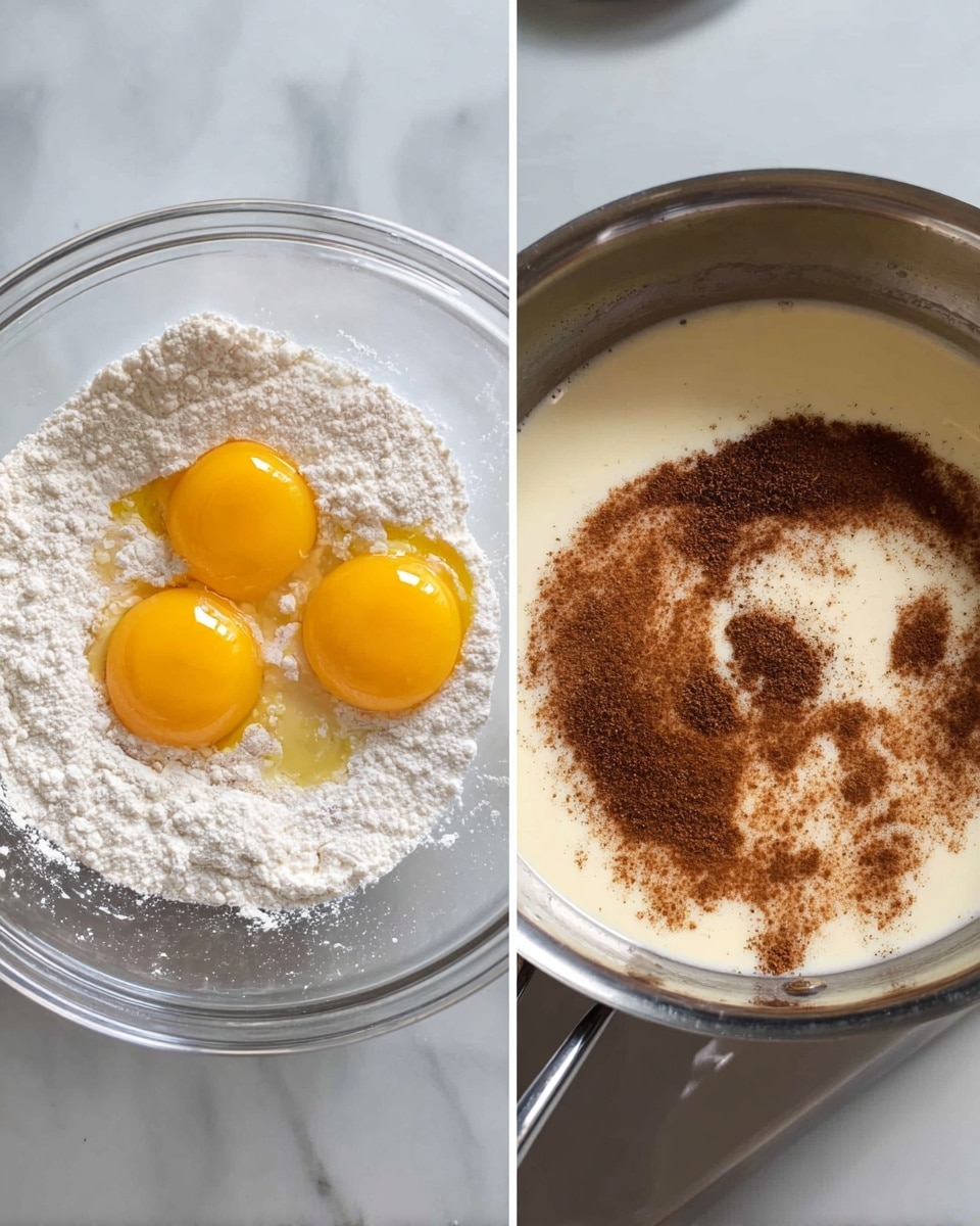 The image shows two stages of cooking for a dessert or batter. On the left, there is a clear glass bowl on a white marbled surface containing three bright yellow egg yolks sitting on top of white flour and a creamy liquid. On the right, there is a silver pan on a stove with a mix of light-colored creamy liquid and a large ring of dark brown cinnamon powder sprinkled unevenly on top, some of which is sinking into the liquid. The textures contrast between the smooth egg yolks and flour mixture on the left and the liquid with powder on the right. photo taken with an iphone --ar 4:5 --v 7