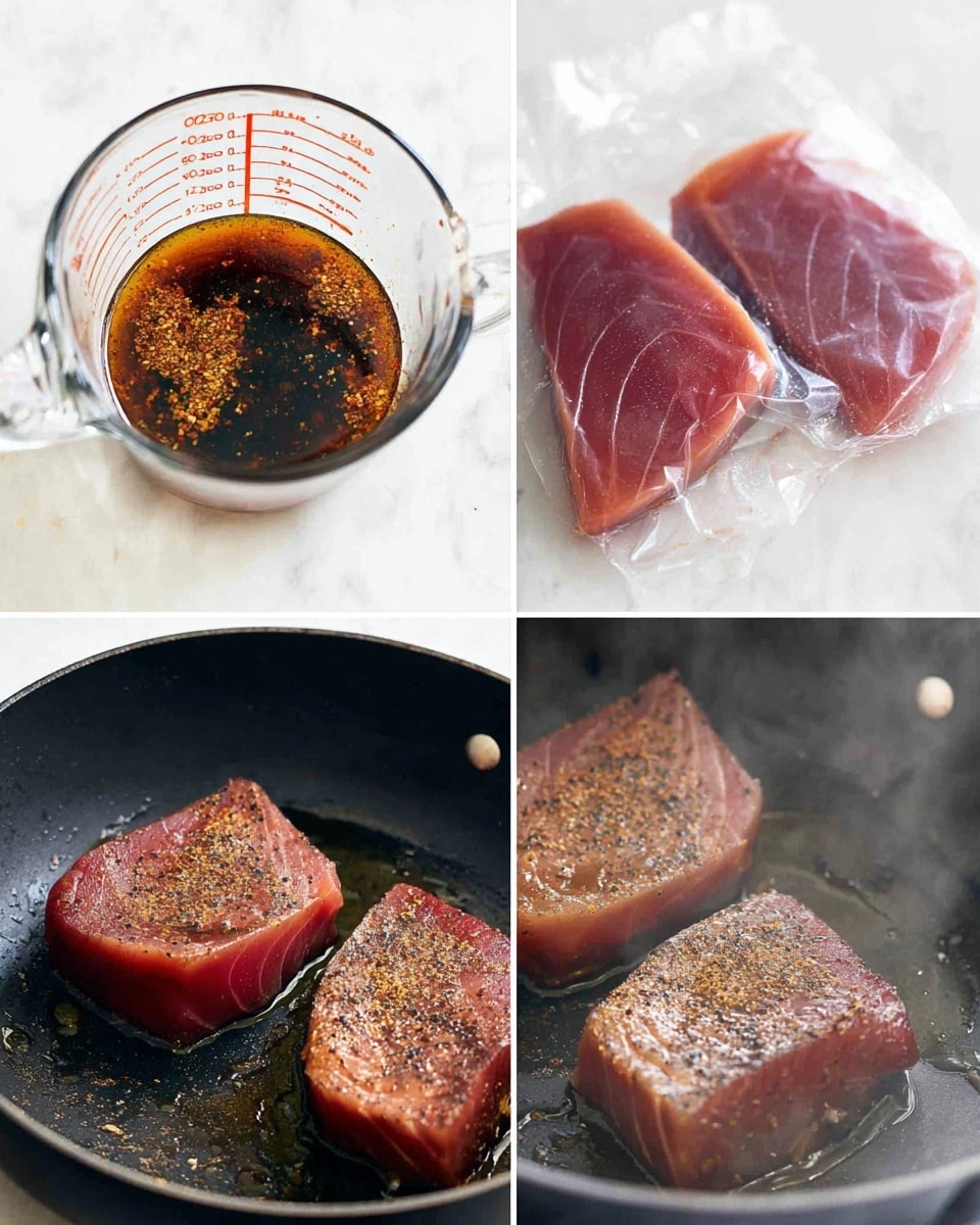 The image shows four parts of a tuna cooking process arranged in a grid. The top left part shows a clear measuring cup with dark soy sauce and brown spices floating on top, the liquid having a shiny texture. The top right part shows two raw tuna steaks inside a clear plastic bag; the steaks are deep red with black pepper sprinkled on them. The bottom left part shows the two raw tuna steaks placed in a black frying pan with a little oil, and their smooth texture is visible. The bottom right part shows the tuna steaks in the pan after being seared, their outer surface dark brown and slightly charred with steam rising around them. The background is a white marbled texture photo taken with an iphone --ar 4:5 --v 7