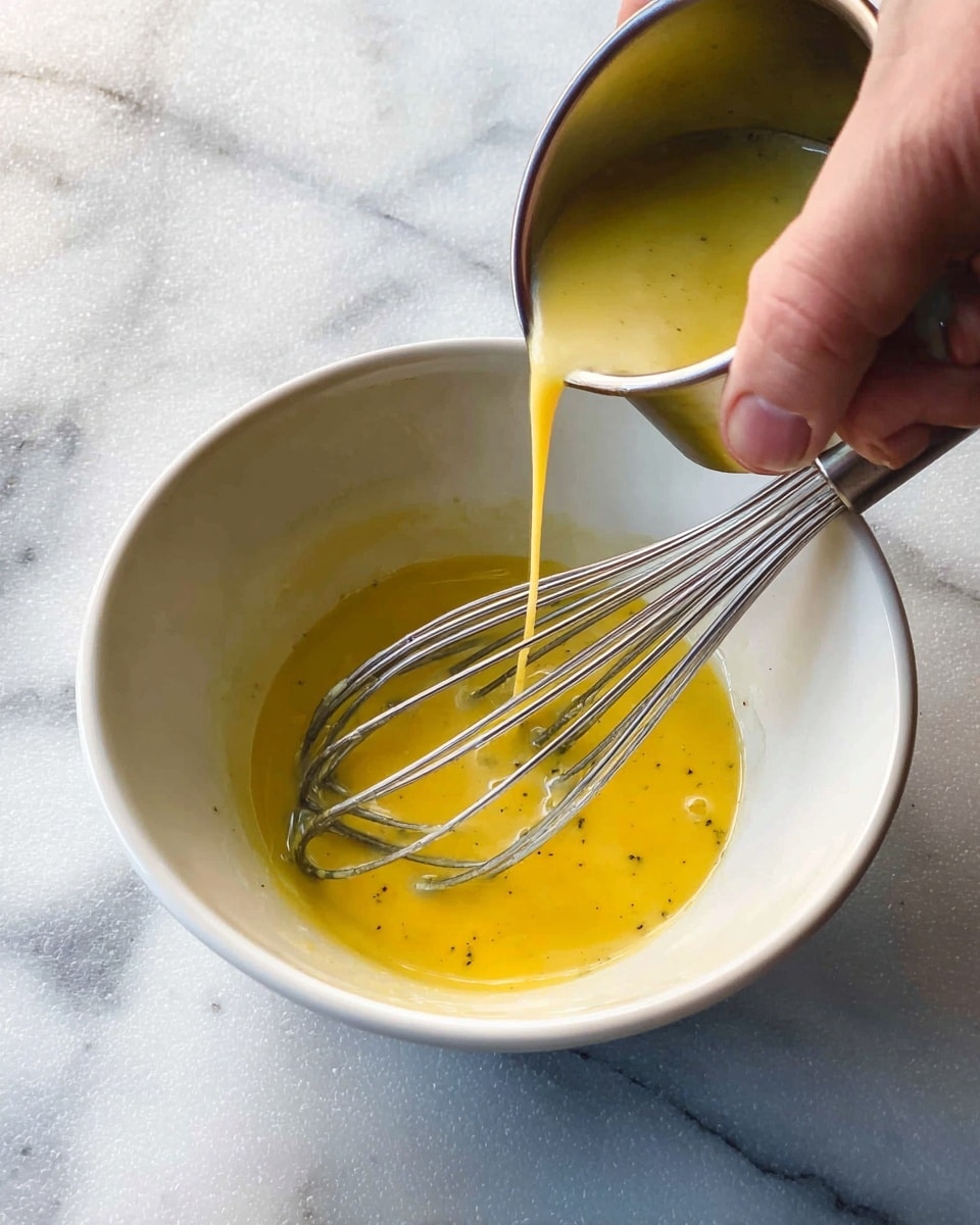 A close-up image shows a white bowl with a light yellow mix inside, being whisked by a woman's hand holding a metal whisk on the right side. Another stream of yellow liquid is pouring in from a small metal container held by a woman's hand on the left side. The bowl rests on a white marbled surface with some small black specks inside the bowl. Photo taken with an iphone --ar 4:5 --v 7