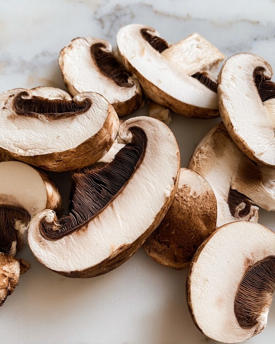 A close-up view of several thick slices of brown mushrooms scattered on a white marbled surface. Each mushroom slice shows the white inside and dark brown gills underneath, with smooth curved edges and a natural slightly rough texture. The mushrooms are spaced randomly with some overlapping, displaying varied thickness and natural light shading that highlights their soft, fresh look. Photo taken with an iphone --ar 4:5 --v 7