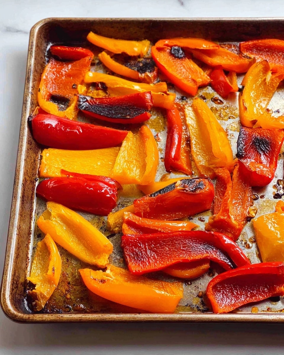 The image shows a baking tray filled with many slices of roasted bell peppers in shades of red, orange, and yellow. Each piece has a slightly shiny, softened texture with a few charred black spots on the edges, showing they are roasted. The peppers are spread out unevenly on the metal tray, which has small pools of oil and roasted bits scattered around. The background is a white marbled surface. photo taken with an iphone --ar 4:5 --v 7