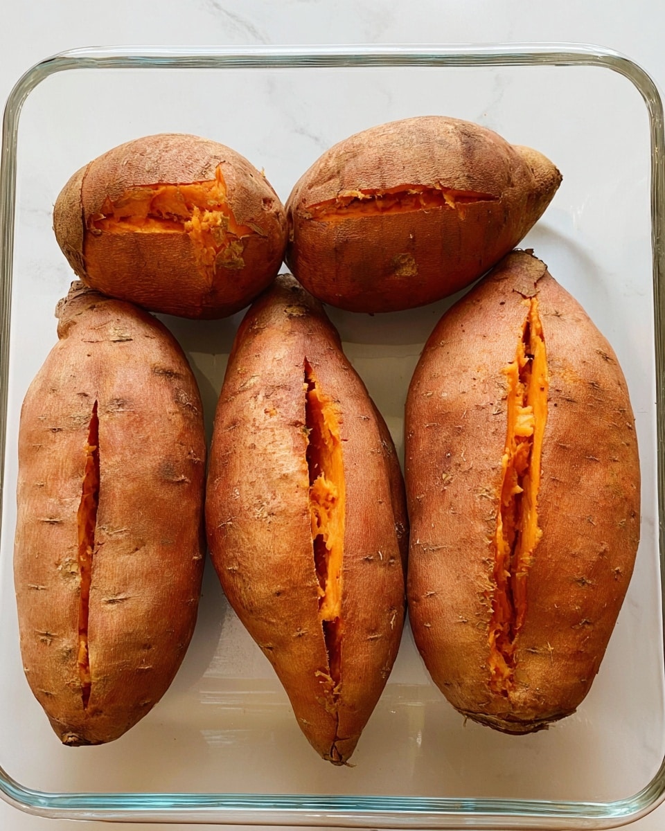 Four baked sweet potatoes with rough, brownish-orange skins lie side by side in a clear glass rectangular dish on a white marbled surface. Each sweet potato has a single long cut down the middle, revealing soft and bright orange flesh inside. The sweet potatoes vary slightly in size and shape, with some rounder and others more oblong. The textures on the skin are uneven, showing small spots and natural marks. Photo taken with an iphone --ar 4:5 --v 7
