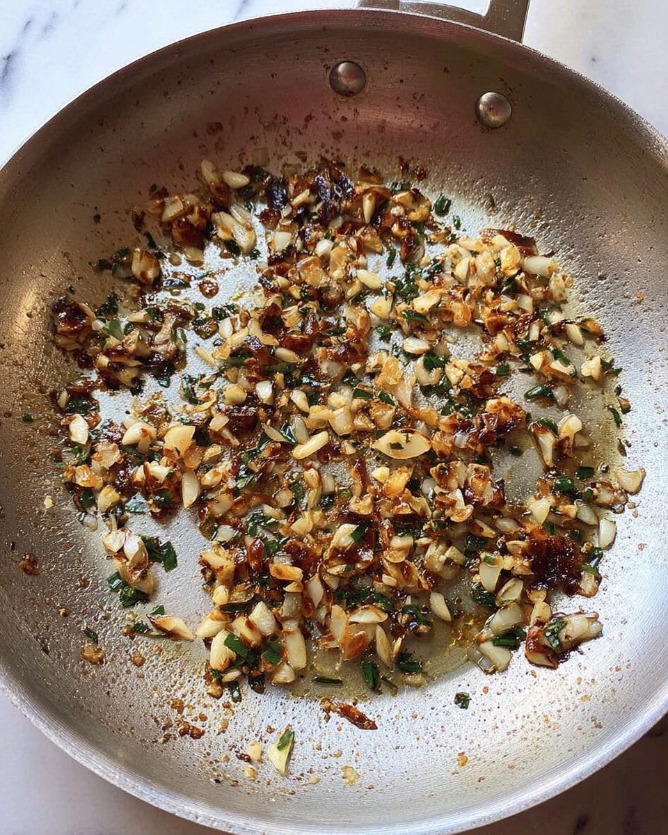 A silver pan filled with small pieces of browned garlic and tiny bits of green herbs, showing a mix of golden brown and slightly darker toasted spots scattered evenly across the surface, with the pan resting on a white marbled texture. photo taken with an iphone --ar 4:5 --v 7