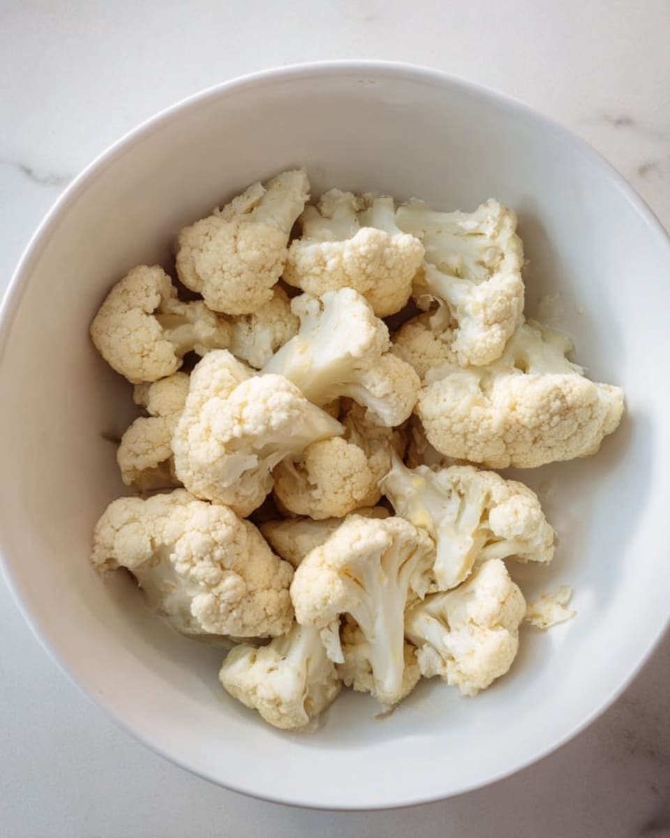 In a white bowl, small white cauliflower pieces fill the bowl, each piece showing a rough texture from the cauliflower florets. The bowl is sitting on a white marbled surface that adds a soft contrast. The cauliflower pieces are spread unevenly inside the bowl, revealing the natural creamy white color and tight, bumpy surface of each floret. The lighting is soft, highlighting the natural shades of white and cream in the cauliflower photo taken with an iphone --ar 4:5 --v 7
