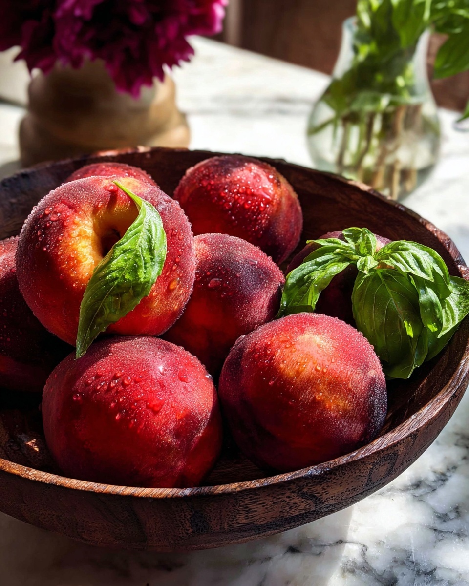 A rustic dark wooden bowl filled with eight large, red peaches covered in small water droplets, giving them a fresh look. The peaches are round with smooth, slightly shiny surfaces highlighted by natural light. On the left side, one peach has fresh green leaves attached, and on the right side, a small bunch of bright green basil leaves sits on top of the peaches. The bowl is set on a white marbled surface, with a small glass vase holding a dark pink flower blurred in the background. Photo taken with an iphone --ar 4:5 --v 7