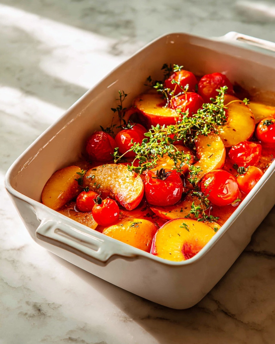 A white rectangular baking dish filled with three layers of food: the bottom is a layer of small bright red cherry tomatoes still on their green stems; on top there are thick peach slices showing a gradient from orange to reddish edges with a soft texture; sprinkled throughout and on top are small fresh green herb sprigs that add texture and a pop of color. The dish is set on a white marbled surface and bright daylight highlights the fruit's natural colors and fresh look. photo taken with an iphone --ar 4:5 --v 7