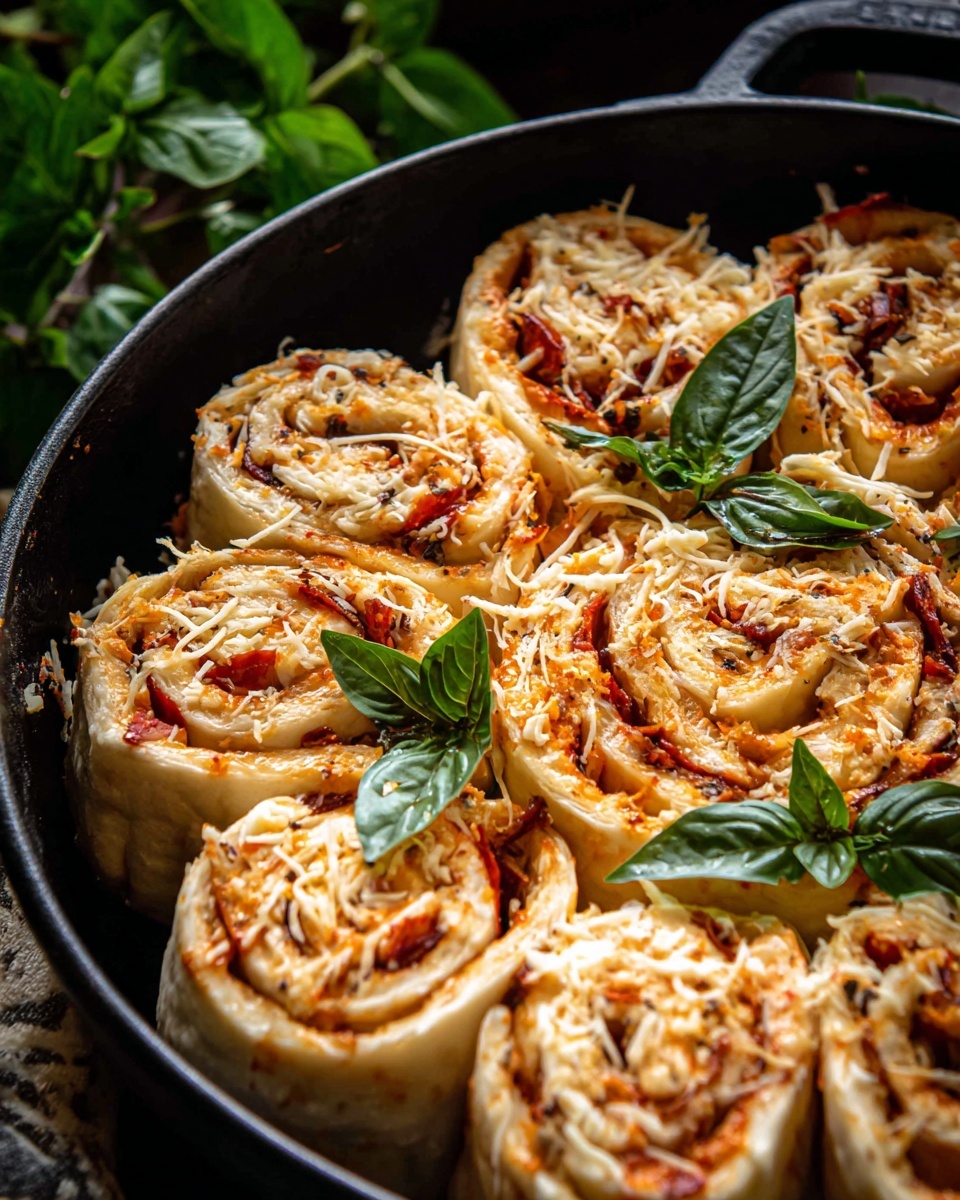 A close-up view of several rolled slices arranged in a circle inside a black pan, each slice has three visible layers: an outer light beige dough, a middle layer of reddish strips, and an inner layer of white shredded cheese mixed with orange sauce, some green basil leaves are tucked between the rolls and on top for decoration, the background shows a dark setting with hints of green leaves. Photo taken with an iphone --ar 4:5 --v 7