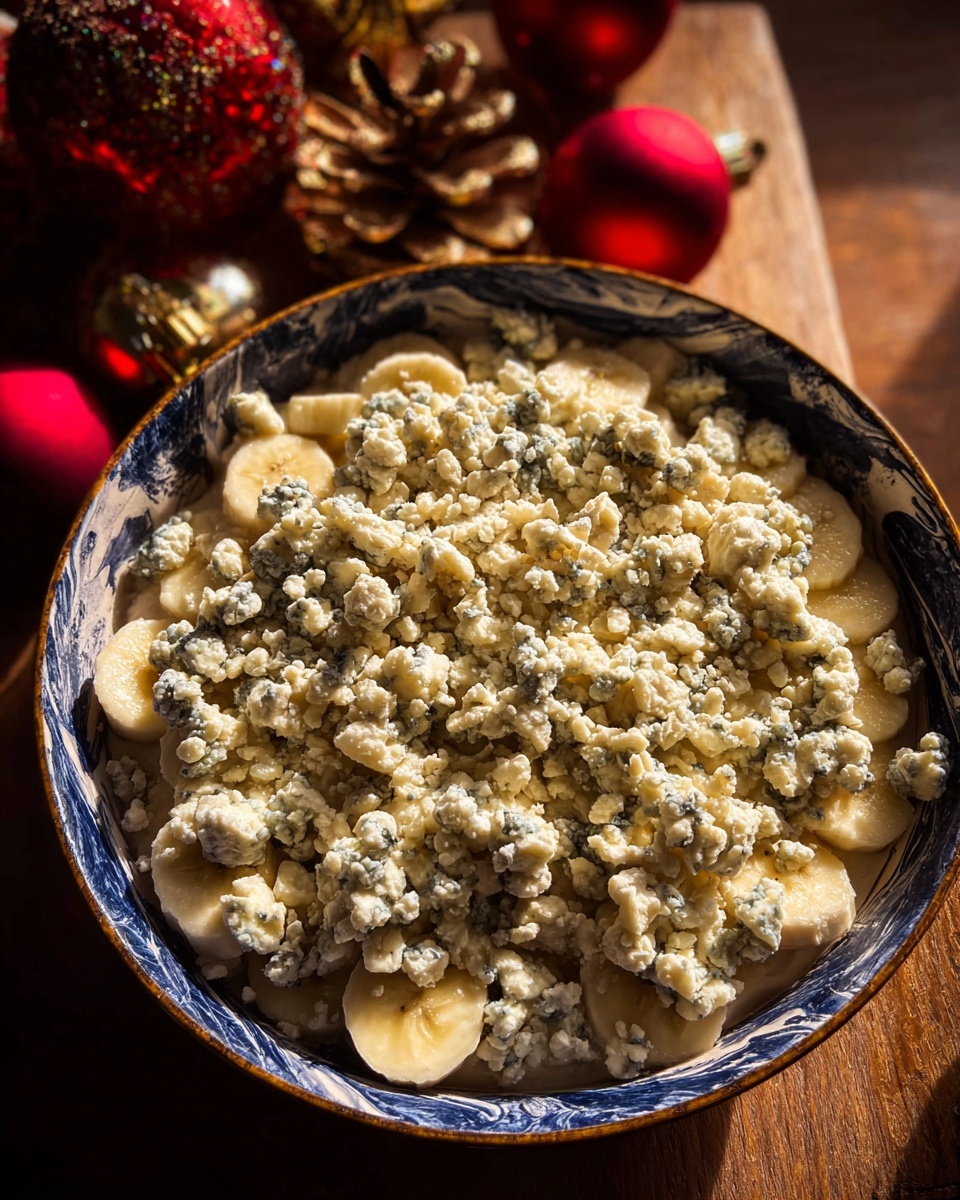 A close-up of a round bowl with a blue and white marbled pattern on its edges, filled with sliced bananas and a generous layer of crumbled blue cheese scattered evenly on top. The banana slices are pale yellow with smooth surfaces, partly hidden under the crumbly, textured cheese that has spots of blue mold and a creamy off-white color. The bowl sits on a wooden surface beside a few red and gold Christmas ornaments, casting soft shadows from warm light. photo taken with an iphone --ar 4:5 --v 7