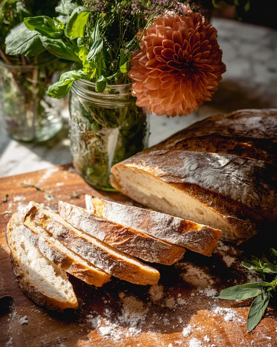 A loaf of crusty bread is sliced into about eight pieces, showing a soft, light beige inside and a golden brown, crunchy crust dusted with flour. The slices are arranged on a wooden surface with scattered crumbs and flour. Behind the bread, there is a small clear glass jar holding green leafy herbs and an orange-pink flower with layered petals. The background has more green herbs, all placed on a white marbled surface. The photo captured is warm with natural light highlighting the textures, photo taken with an iphone --ar 4:5 --v 7