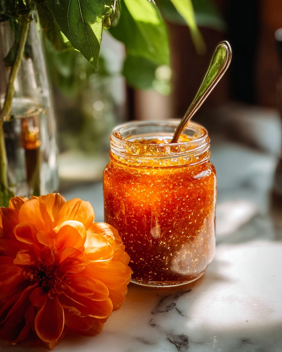 A clear glass jar filled halfway with a thick, amber-orange textured sauce or jam with visible small bits, some dripped and stuck around the jar’s rim. A silver spoon is placed inside the jar, leaning slightly outward. The jar is on a white marbled surface, with a large orange flower with soft petals positioned next to it in the lower left corner. In the blurred background, green leaves and a glass container are visible, adding a natural touch. Sunlight highlights the jar’s shiny texture and bright colors, creating warm reflections. Photo taken with an iphone --ar 4:5 --v 7