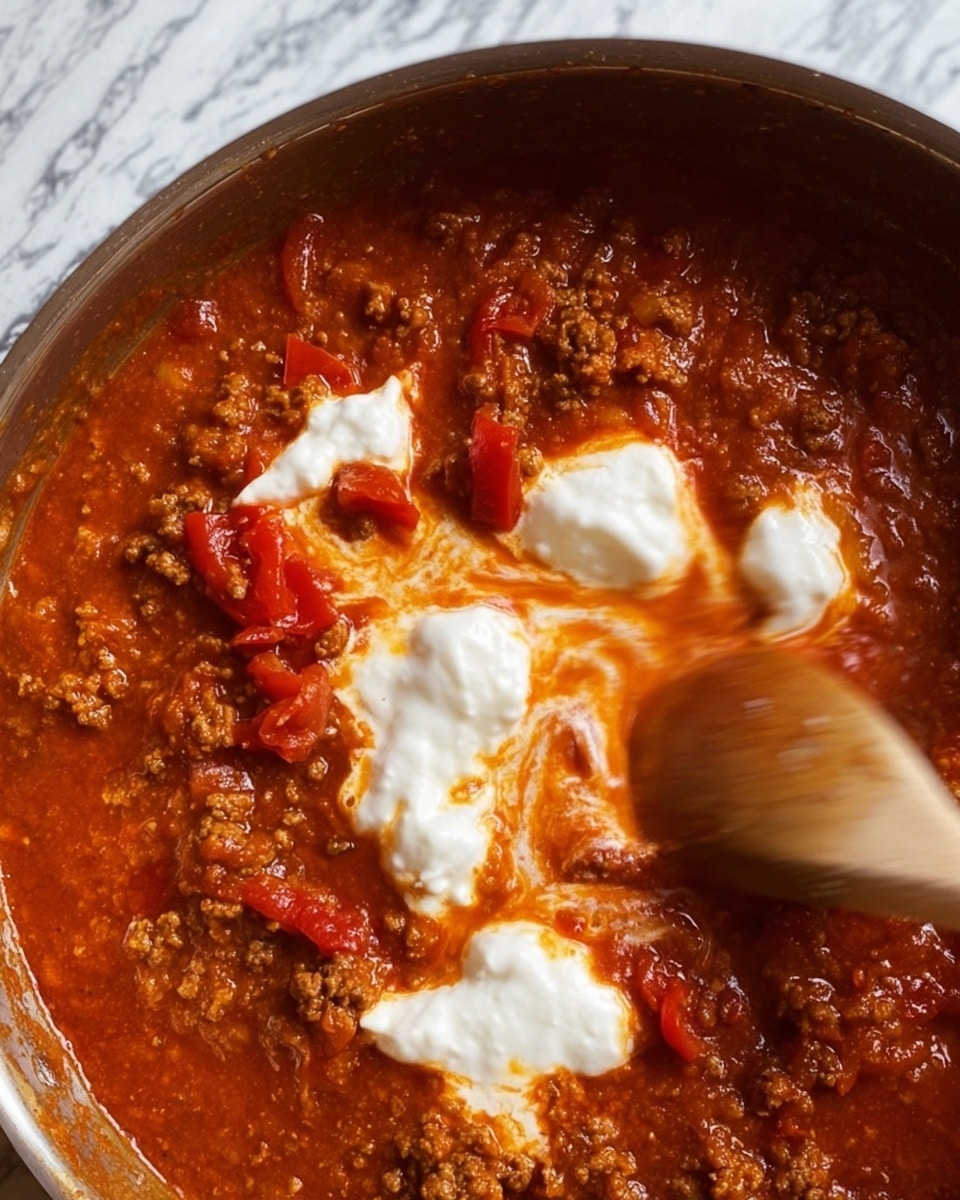 The image shows a close-up view of a pot filled with rich red tomato sauce mixed with cooked minced meat and chunks of red peppers. There are several white dollops of creamy cheese or cream placed on top of the sauce, beginning to melt and blend into the sauce, creating swirls of white and orange. A wooden spoon is stirring the sauce gently, partly in the frame, with the motion causing a slight blur. The background is a white marbled texture. Photo taken with an iphone --ar 4:5 --v 7