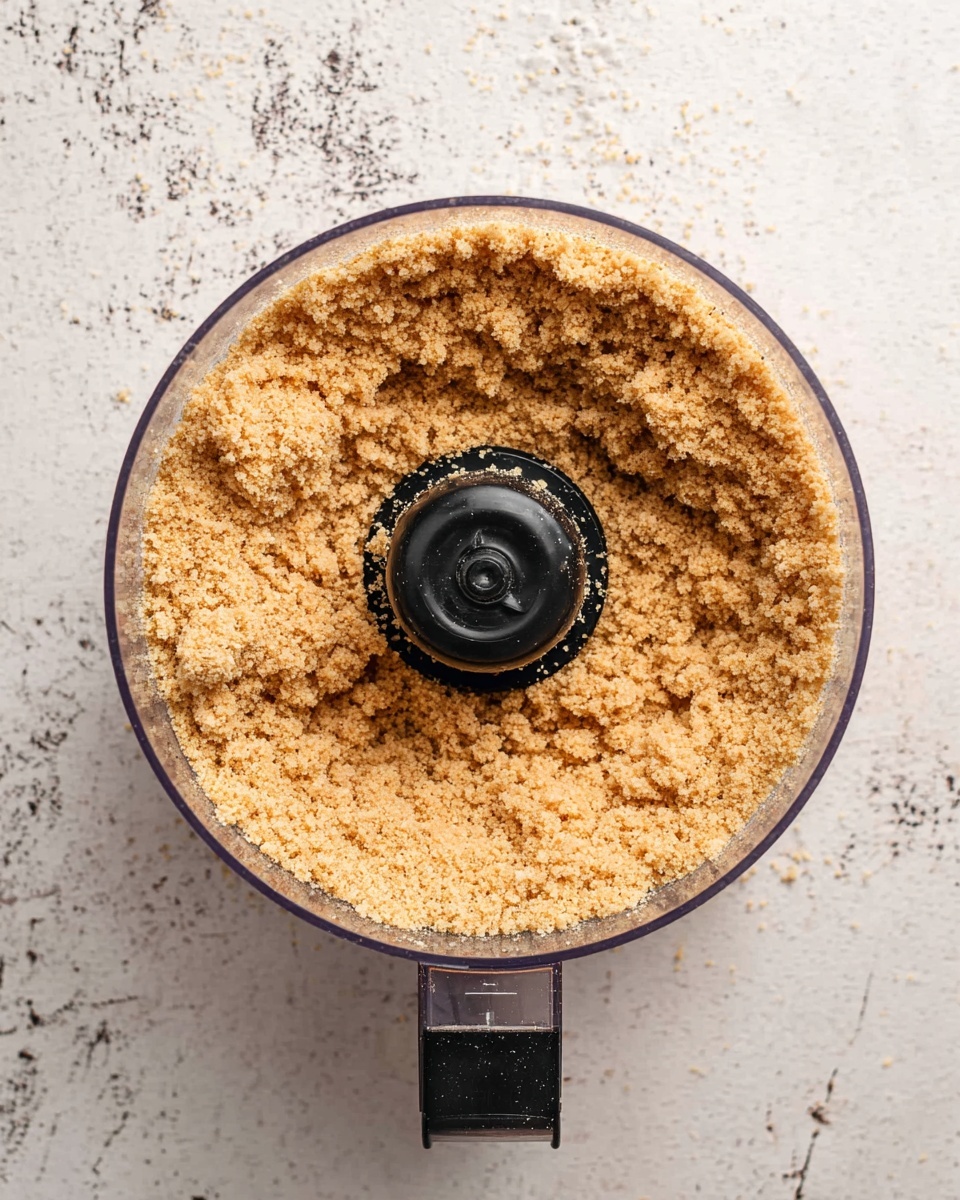 A top view of a clear food processor bowl filled with one even layer of light brown, crumbly mixture. The inside texture looks grainy and rough, with small clumps forming across the surface. The black blade holder is visible in the center, surrounded by the mixture. The food processor is placed on a white marbled surface with some dark specks and subtle lines. photo taken with an iphone --ar 4:5 --v 7
