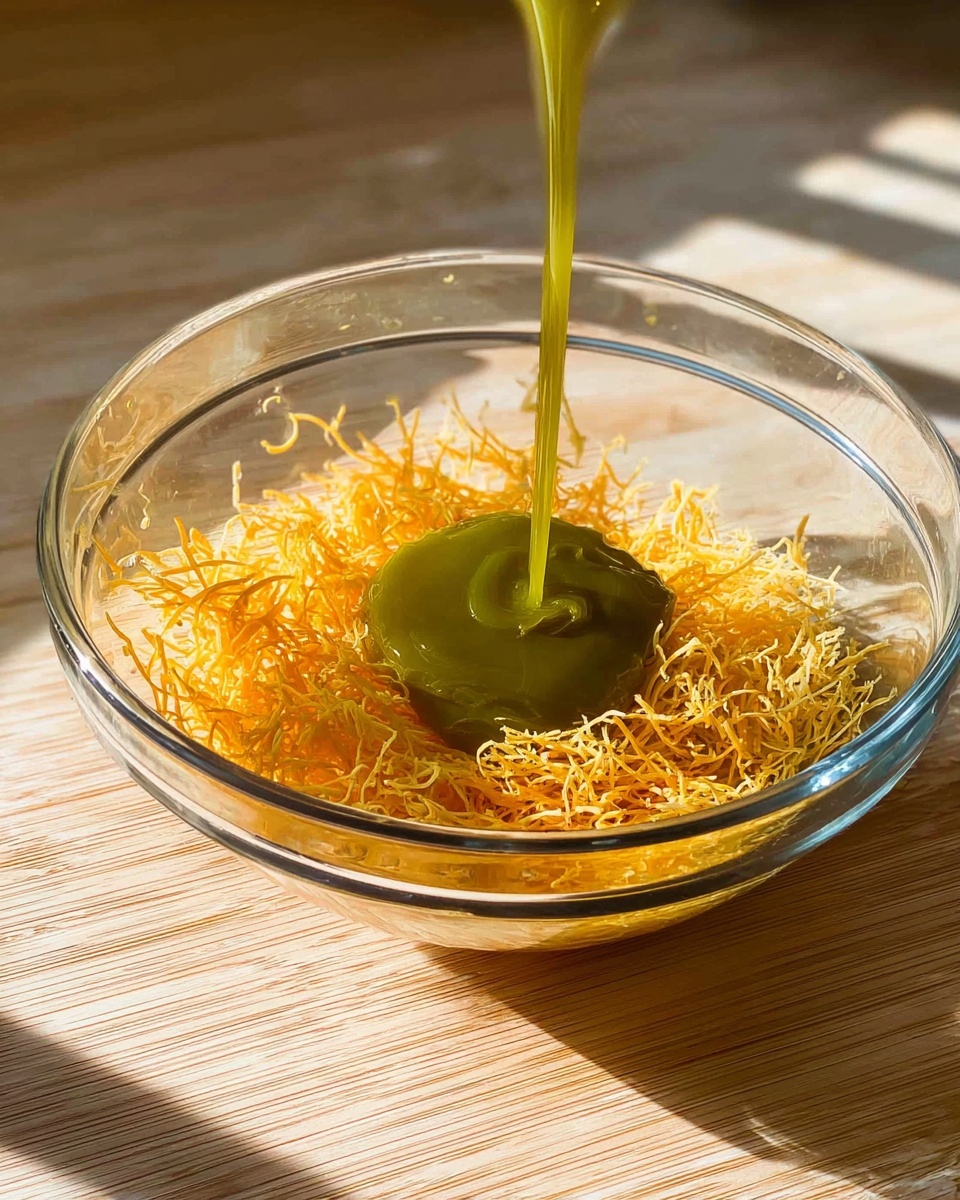 A clear glass bowl holds a layer of fine, thin, orange-yellow shredded strands that look light and crispy. On top of this, a thick, smooth, olive-green liquid is being poured into the center, creating a glossy, swirling pattern where it lands. The bowl sits on a light wooden surface with sunlight casting soft shadows, highlighting the textures and colors of the ingredients inside. photo taken with an iphone --ar 4:5 --v 7