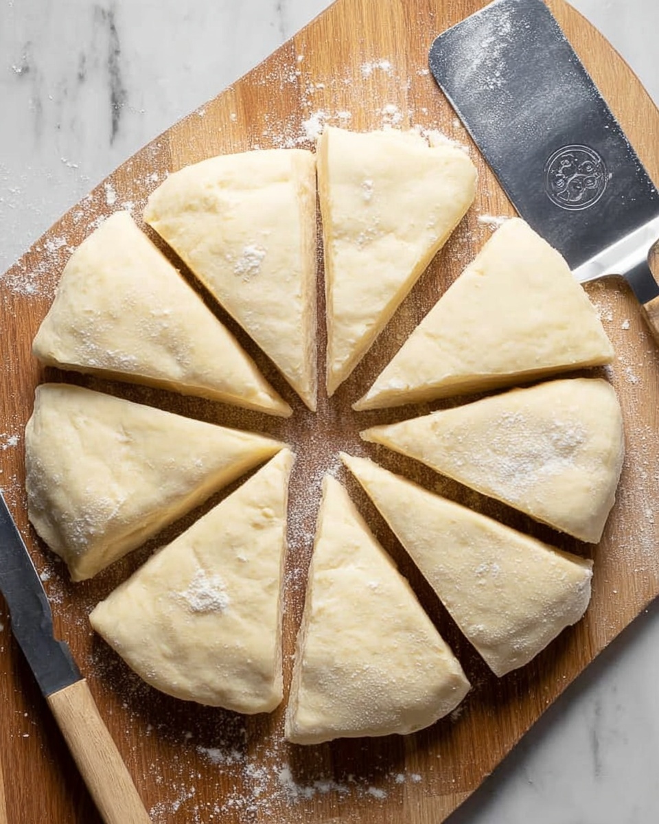 A round dough is divided into eight equal triangular pieces arranged in a circle on a wooden board with light flour dust scattered around. The dough has a pale cream color with a smooth texture. A metal spatula with a dark handle lies underneath some pieces on the right side, and another similar tool is partially visible on the left side of the dough, creating a balanced composition. The background surface is a white marbled texture. photo taken with an iphone --ar 4:5 --v 7