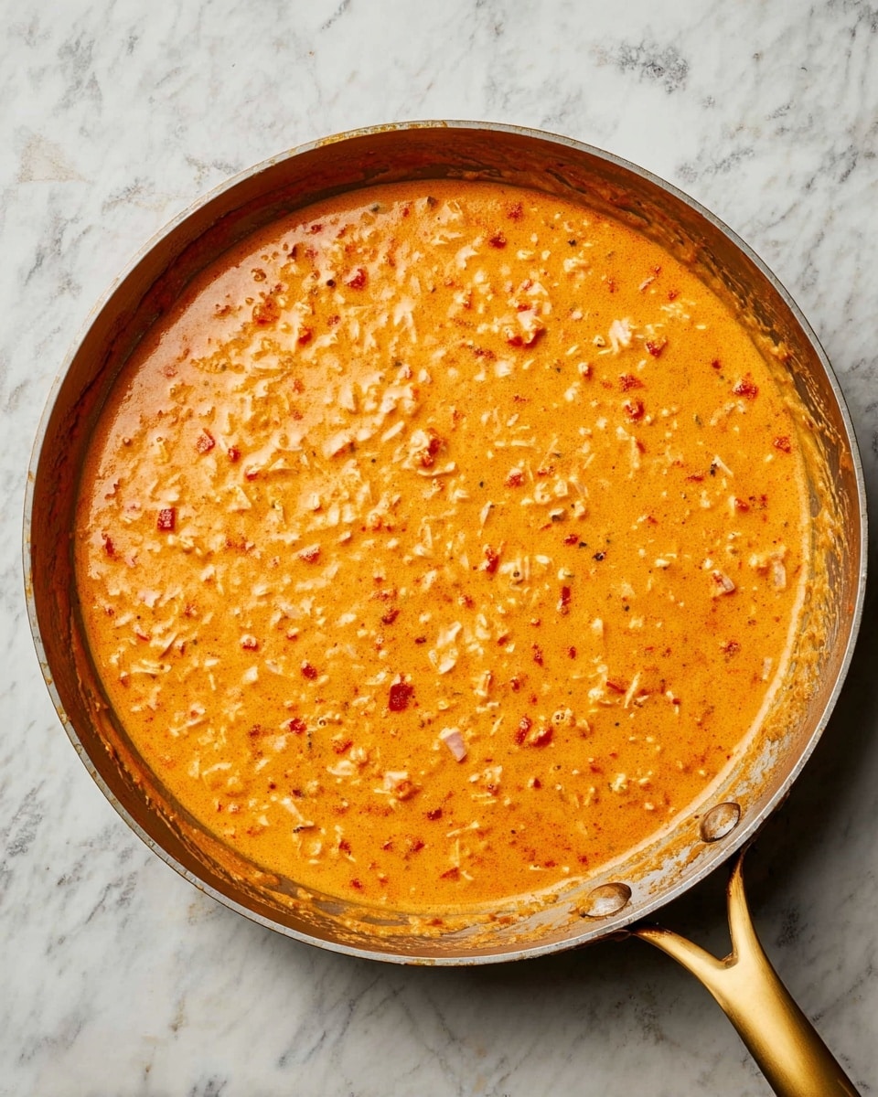 A round metal pan with a golden handle is filled with a thick orange sauce mixed with small pieces of red and brown ingredients evenly spread throughout. The pan rests on a white marbled surface, and the sauce has a creamy texture with tiny bits visible all over. The edges of the pan show some sauce residue. photo taken with an iphone --ar 4:5 --v 7