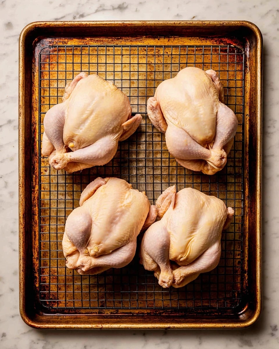 The image shows four whole raw chickens, light beige in color with smooth skin, placed on a black wire rack inside a rectangular metal baking tray. The baking tray has a worn-out golden color with some dark spots and scratches. The wire rack creates a grid pattern under the chickens, lifting them slightly above the tray. The tray is set on a white marbled surface with subtle grey veins, which looks clean and bright. The scene is viewed from above, giving a clear top-down look at the chickens and the baking setup. photo taken with an iphone --ar 4:5 --v 7