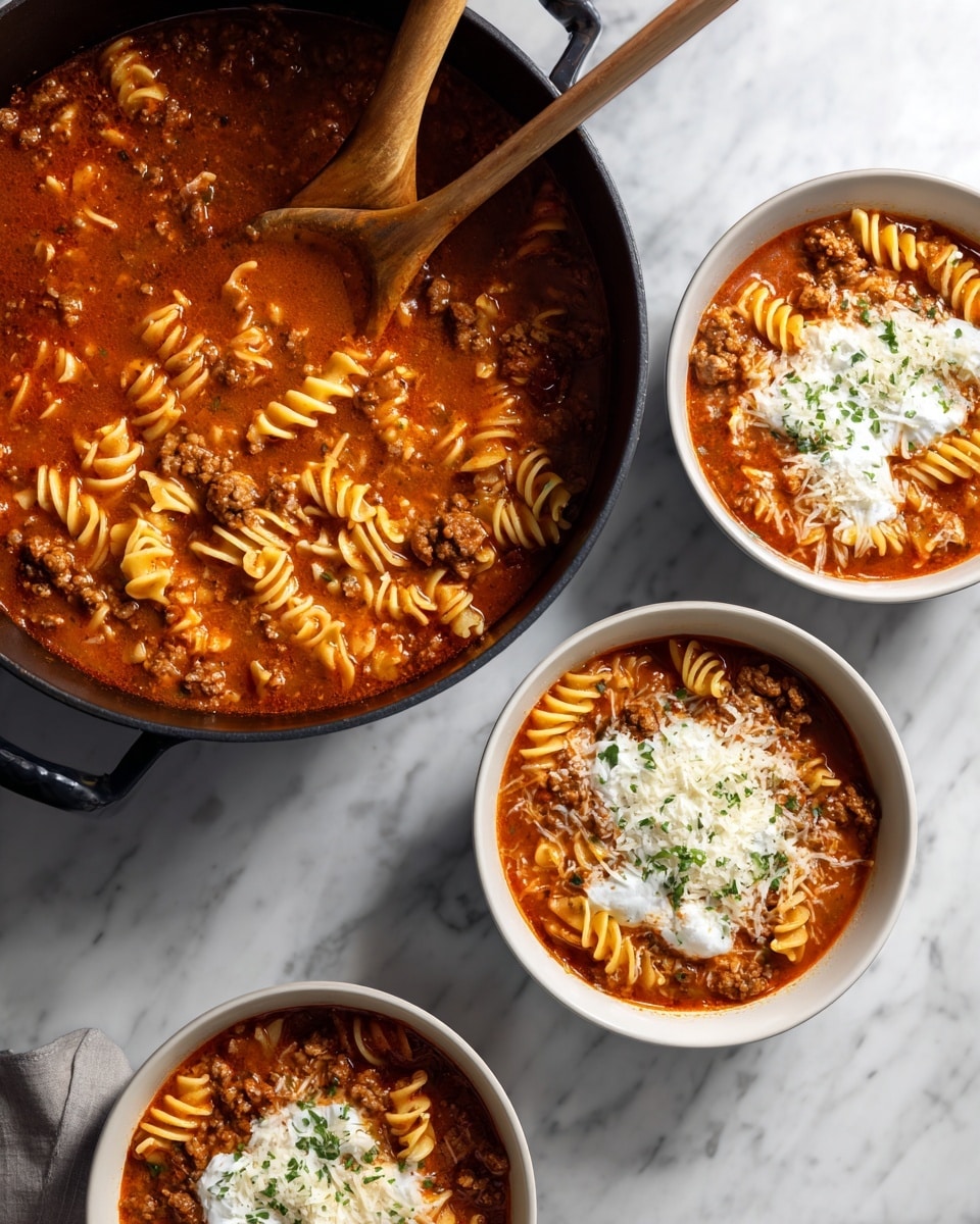 The image shows two parts: on the left, a black pot filled with a reddish-orange soup full of wavy pasta pieces and chunks of cooked ground meat, with a wooden spoon resting inside the pot; on the right, three white bowls on a white marbled surface filled with the same soup, each topped with a dollop of white ricotta cheese, melted shredded cheese, and sprinkled with small green herb pieces. The soup looks thick and hearty with a rich tomato base and a mix of textures from pasta, meat, and cheese photo taken with an iphone --ar 4:5 --v 7