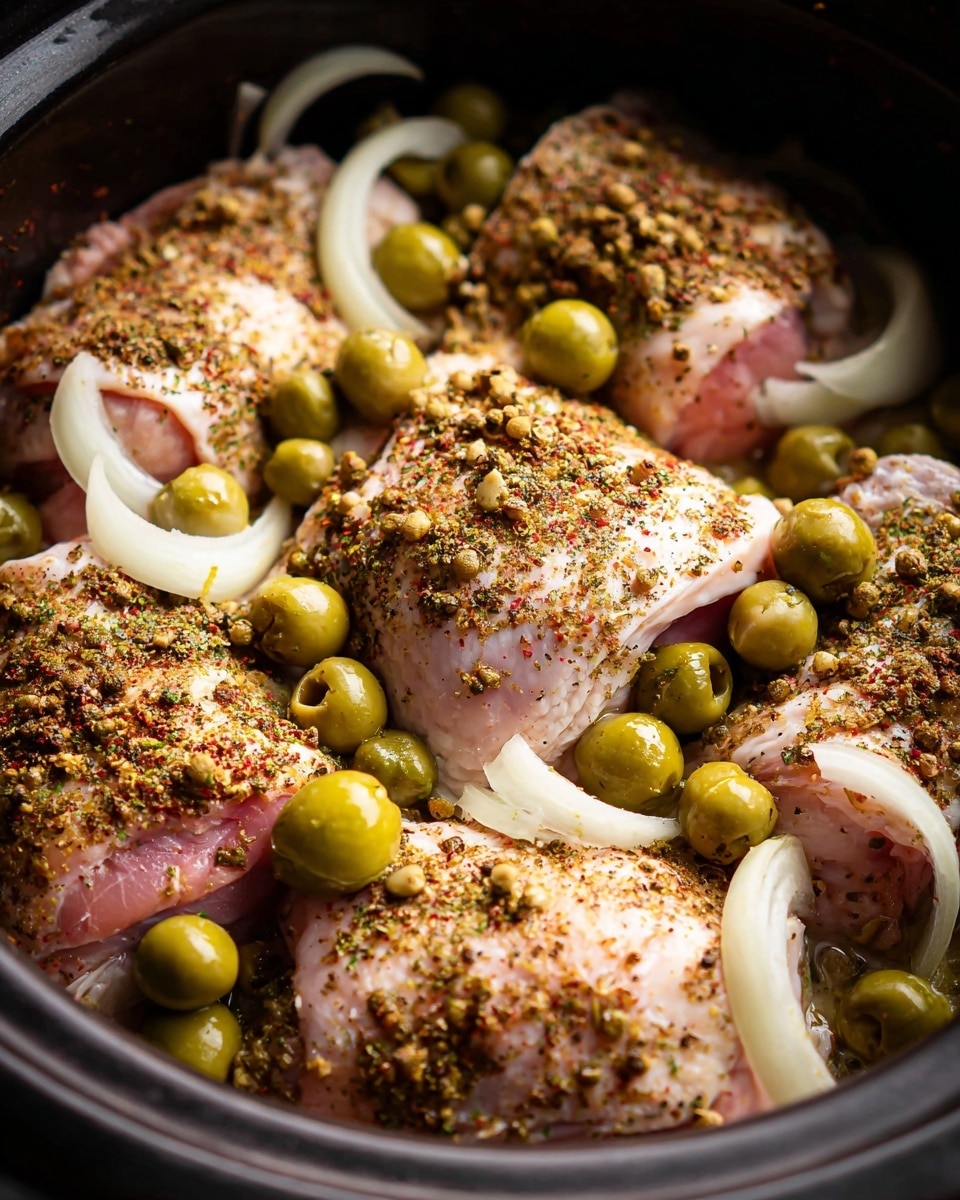 The image shows four pieces of cooked chicken thighs placed in a black pot, each piece sprinkled with dried herbs and small bits of garlic. The chicken pieces have a light brown color with a soft, juicy texture. Around and between the chicken pieces are several green olives and small capers, all mixed in a clear golden broth that covers much of the bottom of the pot. The broth has small bubbles on the surface, adding a shiny, oily look to the dish. The inside of the pot is dark, contrasting with the light colors of the chicken and olives. photo taken with an iphone --ar 4:5 --v 7