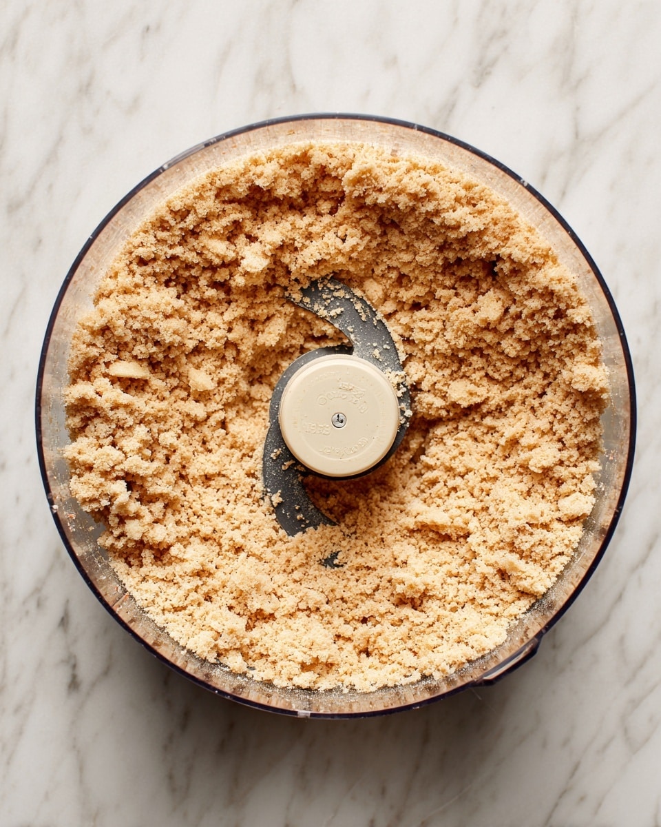 A slice of pie is being lifted showing three layers: a thick light brown crumb crust at the bottom, a high middle layer of smooth off-white creamy filling, and a top layer of white whipped cream dotted with chopped pecans around the edge. A light amber sauce drizzles slightly over the pie, adding a shiny texture. The pie sits on a wooden board, with the whole pie visible underneath the lifted slice. In the background, coarse chopped pecans fill a white bowl and a stack of white plates with forks rest on a white marbled surface. Photo taken with an iphone --ar 4:5 --v 7