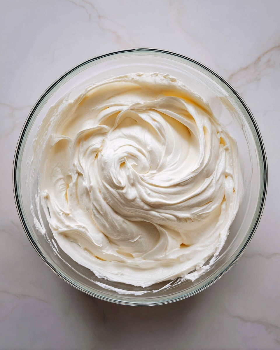 A clear glass bowl filled with one thick, creamy layer of smooth, white whipped mixture with soft peaks swirled gently on top, sitting on a white marbled textured surface. photo taken with an iphone --ar 4:5 --v 7