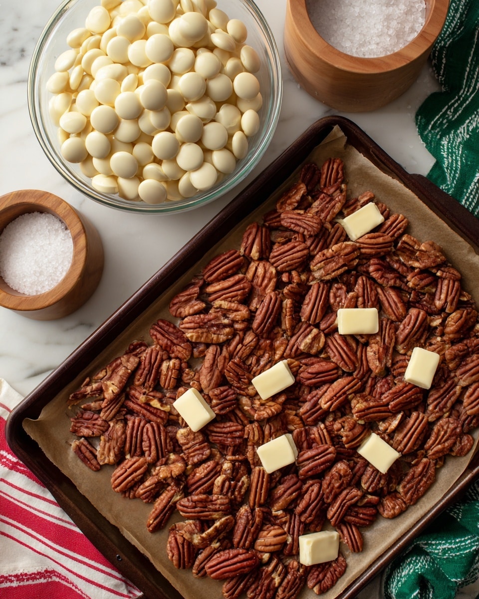 A dark baking tray lined with brown parchment paper is filled with a thick layer of whole pecans, which are light brown with natural ridges and textures. Small chunks of pale yellow butter are scattered evenly on top of the pecans. Above the tray, there is a transparent glass bowl filled with milk chocolate buttons that are smooth and round. Next to the bowl is a small round wooden container with a lid, holding white coarse salt. The items rest on a white marbled surface, and part of a green and white striped cloth along with a red and white striped cloth are visible at the bottom. Photo taken with an iphone --ar 4:5 --v 7