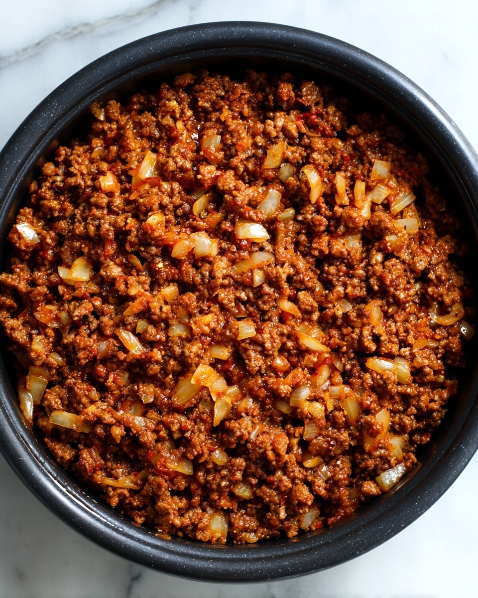 A black pot with three separate layers inside: cooked ground meat, a pale yellow to white layer of long grain rice with small brown spices on top, and a layer of light beige chickpeas. The pot is placed on a white marbled surface. photo taken with an iphone --ar 4:5 --v 7