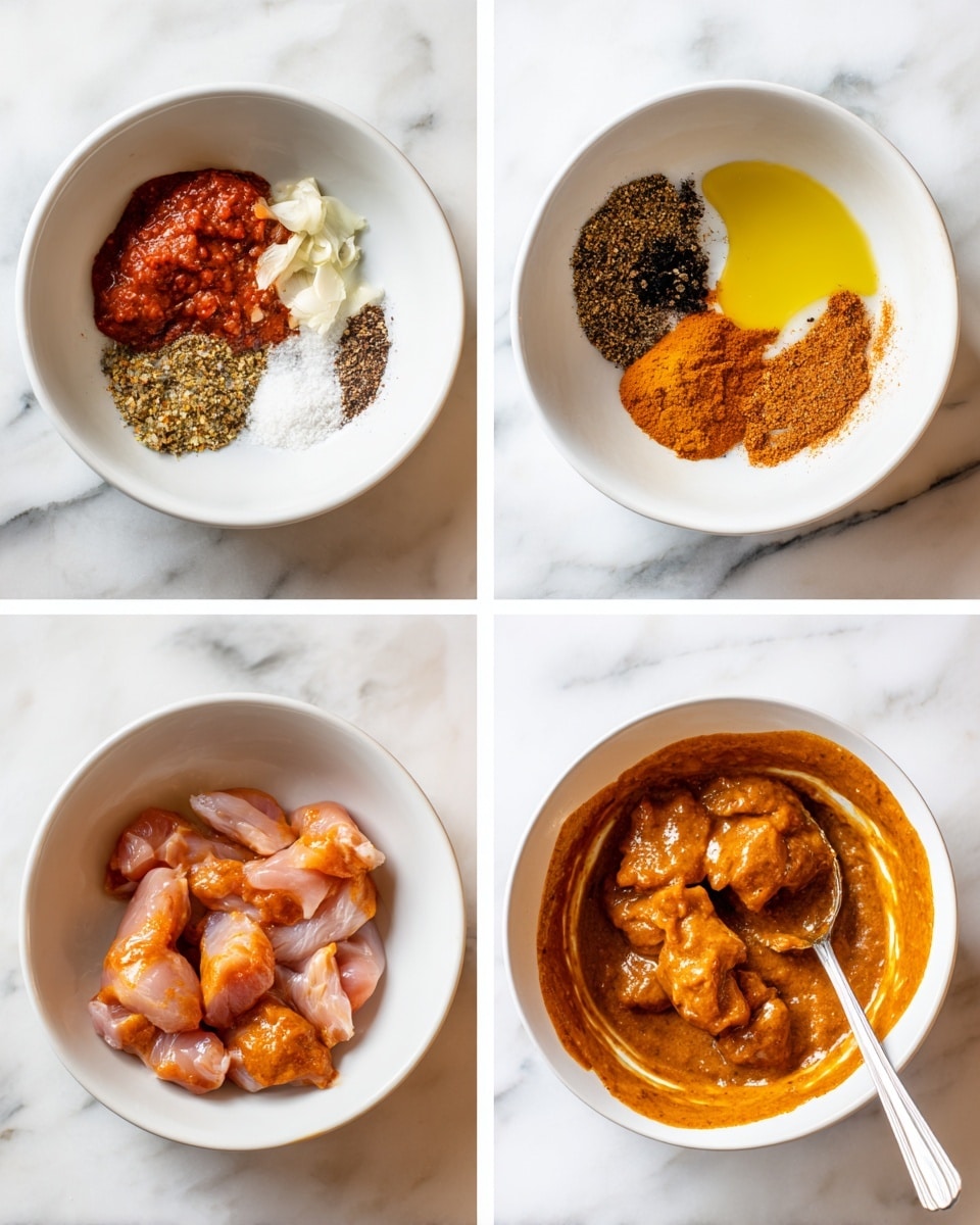 A set of four images shows the step-by-step making of a marinated chicken dish in a white bowl on a white marbled surface. The first image shows various ingredients in the bowl in separate piles: a thick red paste, white yogurt, crushed garlic, brown and black spices, a bright yellow liquid, and salt, each distinct in color and texture. The second image shows all these ingredients mixed into a smooth, thick orange-brown sauce spread evenly in the bowl. The third image shows raw pieces of chicken placed on top of the sauce, with the pale pink chicken contrasting against the orange mixture. The fourth image shows the chicken pieces coated well in the sauce, with a textured, creamy, orange appearance, and a silver spoon resting in the bowl. photo taken with an iphone --ar 4:5 --v 7