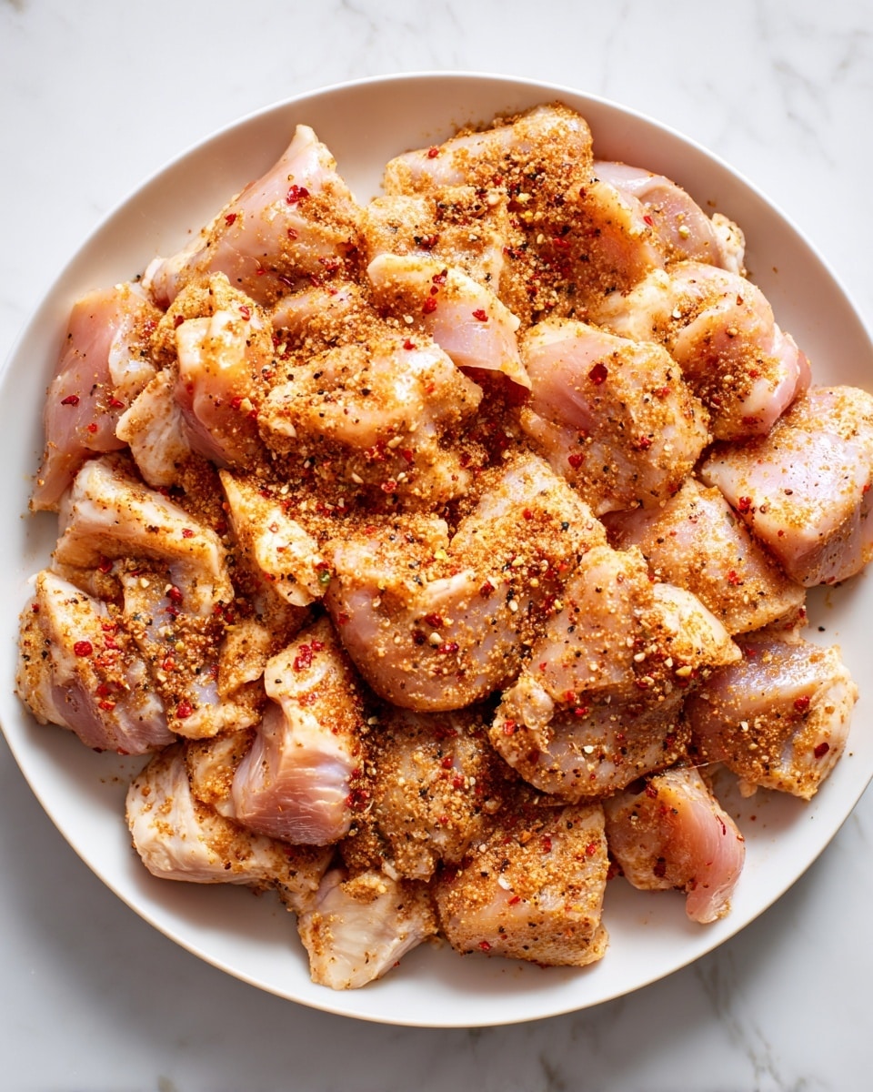 A close-up top view of raw chicken pieces spread evenly on a white round plate, placed on a white marbled surface. The chicken pieces are light pink with some white fat parts and are covered with a layer of brownish-red spice mix, dusting the entire surface with tiny, grainy texture. The spice mix includes specks of black pepper and reddish paprika, creating a slightly rough and colorful coating on the smooth chicken. Photo taken with an iphone --ar 4:5 --v 7