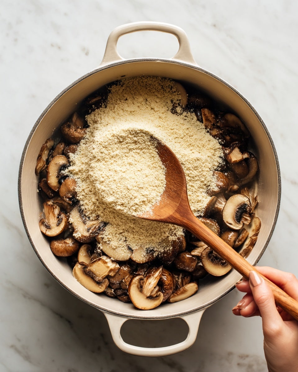 A white bowl filled with creamy stew showing layers of cooked mushroom slices and browned meat chunks in a rich light brown sauce. There is a dollop of white mashed potatoes near the back of the bowl. Green chopped herbs are sprinkled on top for color. The bowl sits on a soft textured gray cloth, with a silver spoon resting inside on the left side. The background is soft and out of focus, emphasizing the warm, hearty meal. Photo taken with an iphone --ar 4:5 --v 7