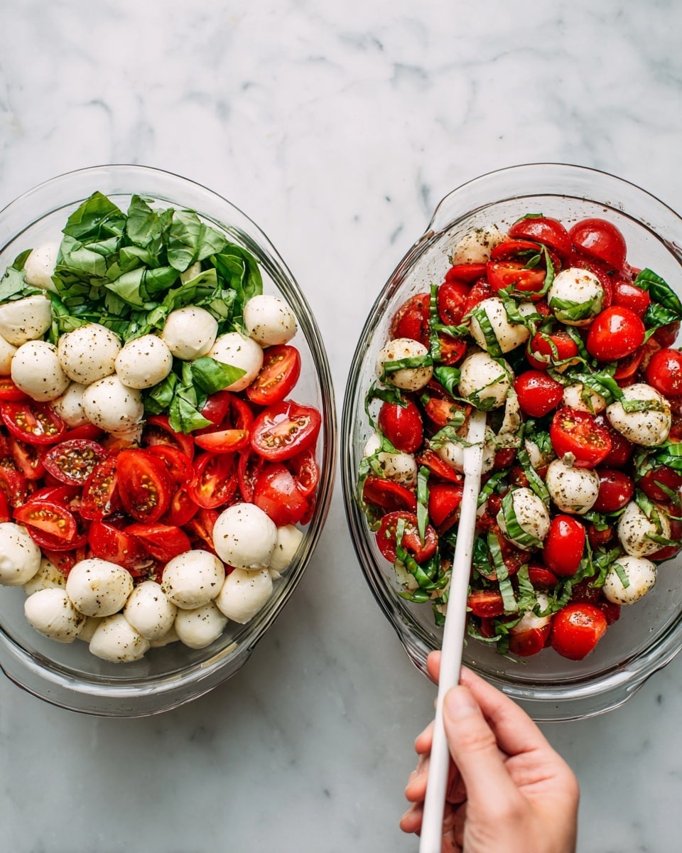 The image shows two glass bowls on a white marbled surface. The left bowl holds three layers: a bottom layer of sliced red tomatoes, a middle layer of white mozzarella balls, and a top layer of thinly sliced green basil leaves, with a woman's hand holding a white spatula stirring the ingredients gently. The right bowl shows the salad mixed, revealing a blend of red tomato halves, white mozzarella balls scattered evenly, and green basil strips, all sprinkled with black pepper on top. Photo taken with an iphone --ar 4:5 --v 7