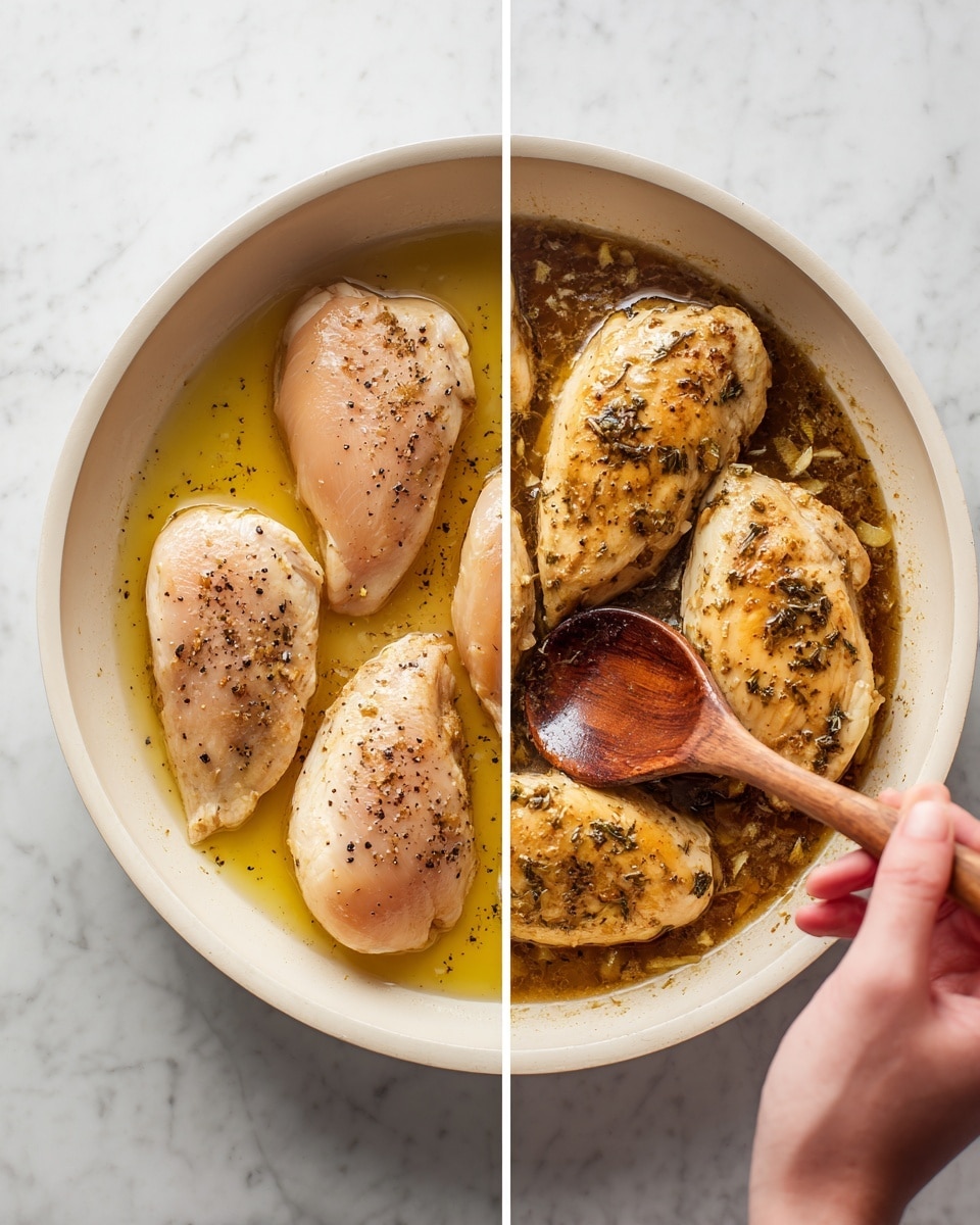 The image shows two side-by-side views of cooking chicken in a white round pan on a white marbled surface. On the left side, four raw chicken pieces lie flat in a clear light yellow oil, each sprinkled with black pepper, their pale pink color and moist texture visible. On the right side, the same pan holds four chicken pieces now browned and cooked on top with a golden-brown color and specks of black pepper. The pan contains a dark brown sauce with visible garlic bits. A woman's hand holding a wooden spoon stirs the sauce near the chicken. Photo taken with an iphone --ar 4:5 --v 7