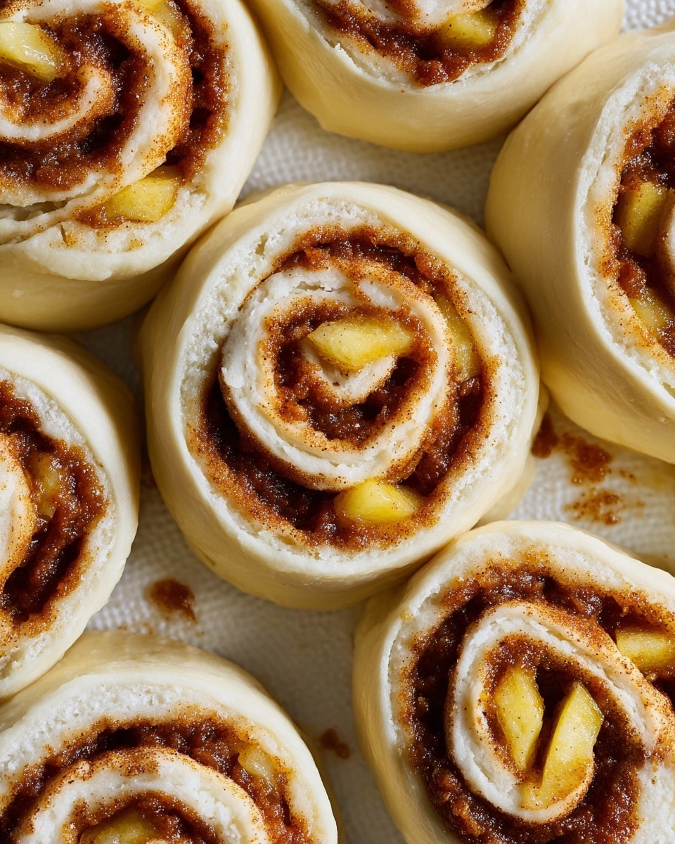 The image shows a close-up of several unbaked cinnamon rolls arranged closely together on a white plate with a textured surface. Each roll has three visible layers: the outer creamy dough layer is pale yellow and soft, the middle layer is a rich brown cinnamon spread, and the inner layer contains small pieces of yellow fruit that look like apple slices. The cinnamon filling looks slightly thick and sticky, spreading unevenly within the spirals. The white marbled texture is visible beneath the rolls, and there is a small amount of cinnamon mixture that has oozed out around the edges of some rolls. photo taken with an iphone --ar 4:5 --v 7