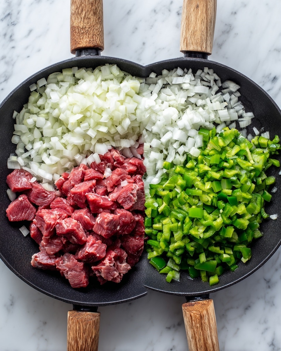 The image shows two black pans with wooden handles on a white marbled surface. In the left pan, there is one layer of finely chopped white onions spread evenly across the bottom. In the right pan, three layers can be seen: the same chopped white onions laying flat at the bottom, next to medium-sized chunks of raw red meat stacked in the middle, and a layer of finely chopped green bell peppers on the right side. The colors in the pans contrast clearly, with the white onions, red meat, and green peppers distinct and fresh-looking. Photo taken with an iphone --ar 4:5 --v 7