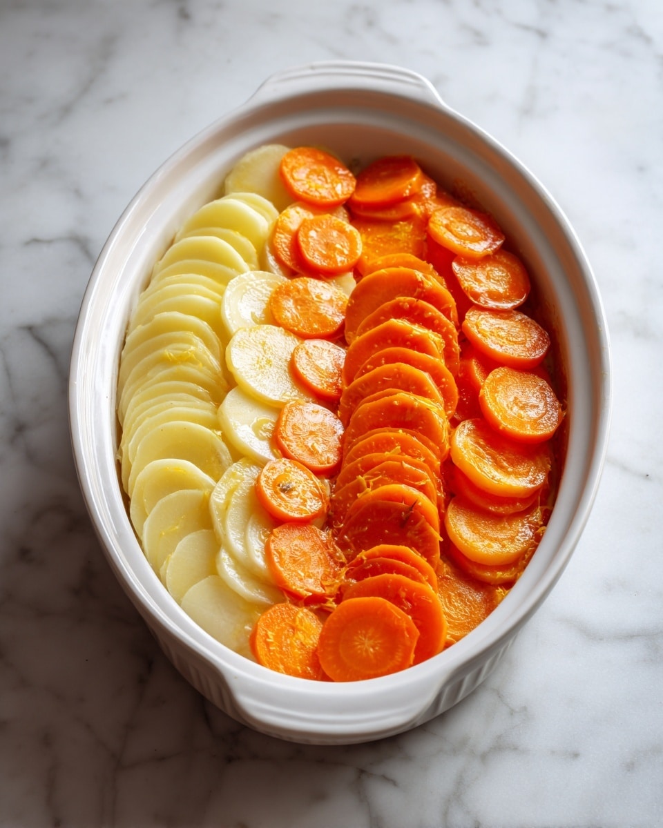 The image shows a white oval baking dish filled with two layers of thinly sliced vegetables arranged side by side: the bottom layer is light yellow with smooth, slightly translucent slices, and the top layer has bright orange round slices scattered evenly over the yellow slices. The dish is placed on a white marbled surface with soft natural light. photo taken with an iphone --ar 4:5 --v 7