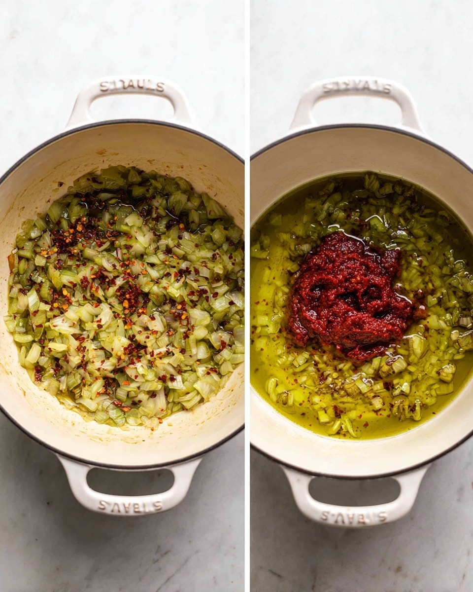 Two images show a white Staub pot with sautéed chopped red onions and garlic in olive oil. The first image has small chili flakes sprinkled in the middle, with the onions and garlic spread evenly around the pot, all floating in shiny greenish oil. In the second image, a dollop of red tomato paste sits in the center on top of the sizzling onions and garlic, which look soft and slightly browned, still in the olive oil. The pot rests on a white marbled surface. Photo taken with an iphone --ar 4:5 --v 7